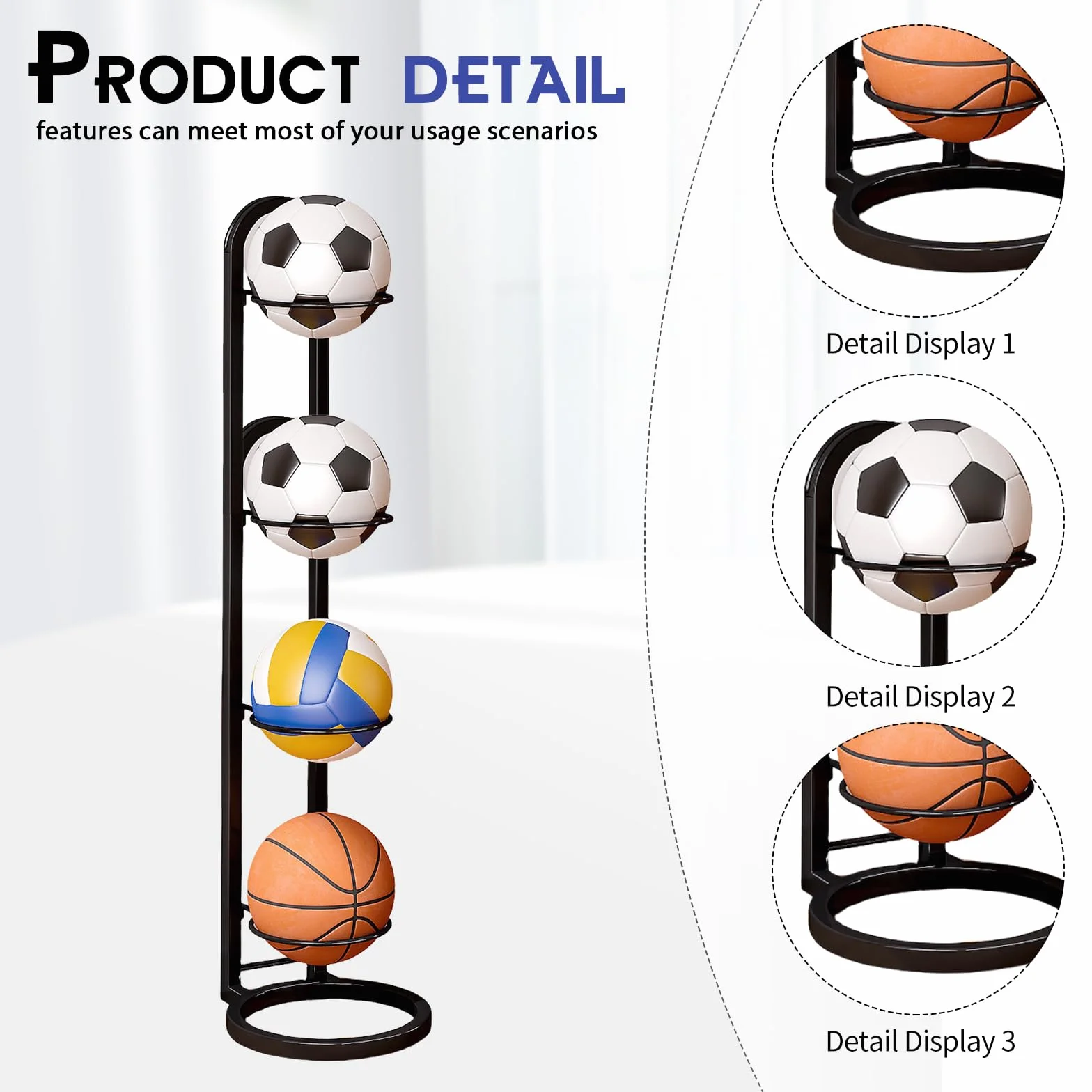 Estantería de 4 niveles para balones, soporte metálico para baloncesto, fútbol y voleibol