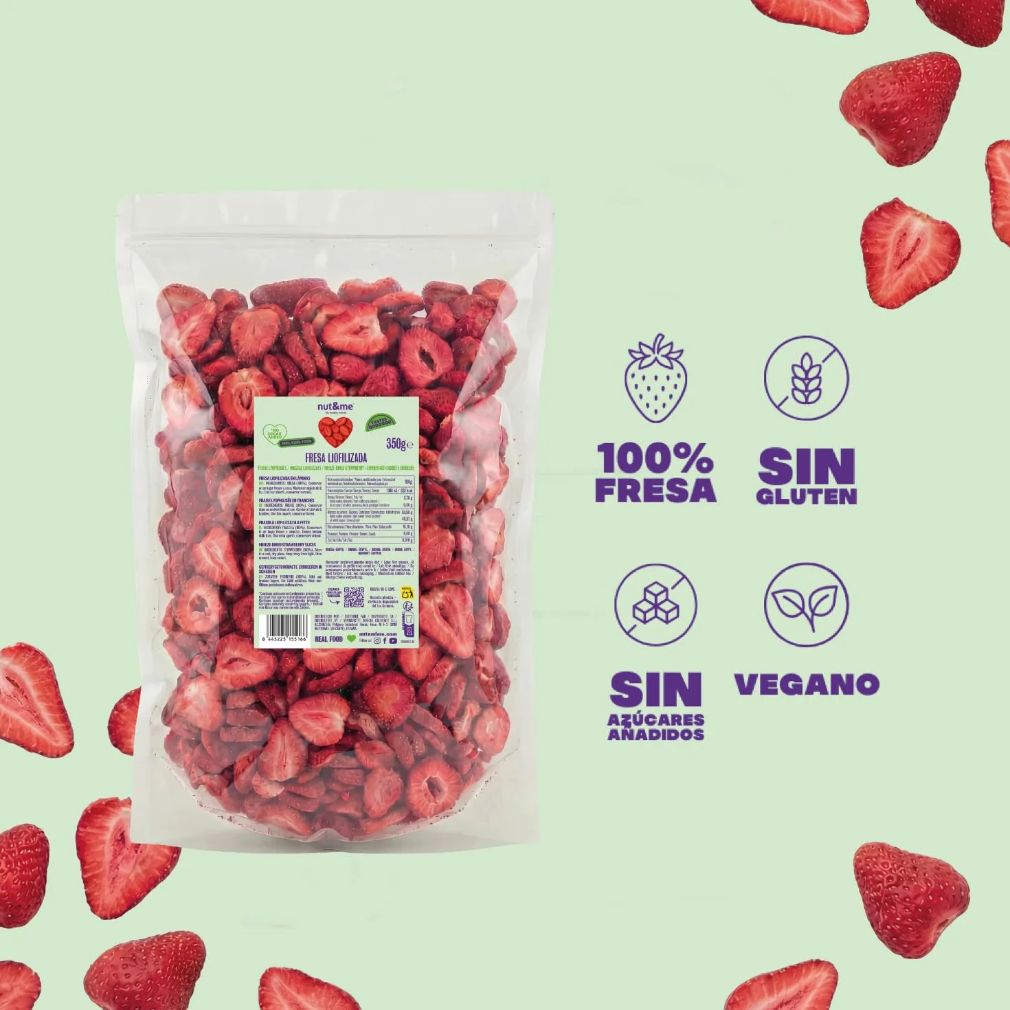 nut&me Fresa liofilizada en rodajas 350 gr | 100% Fresas naturales deshidratadas | Naturalmente dulces | Sin azúcares añadidos, aditivos, OGM y Gluten | Retenido de Vitaminas | Vegano