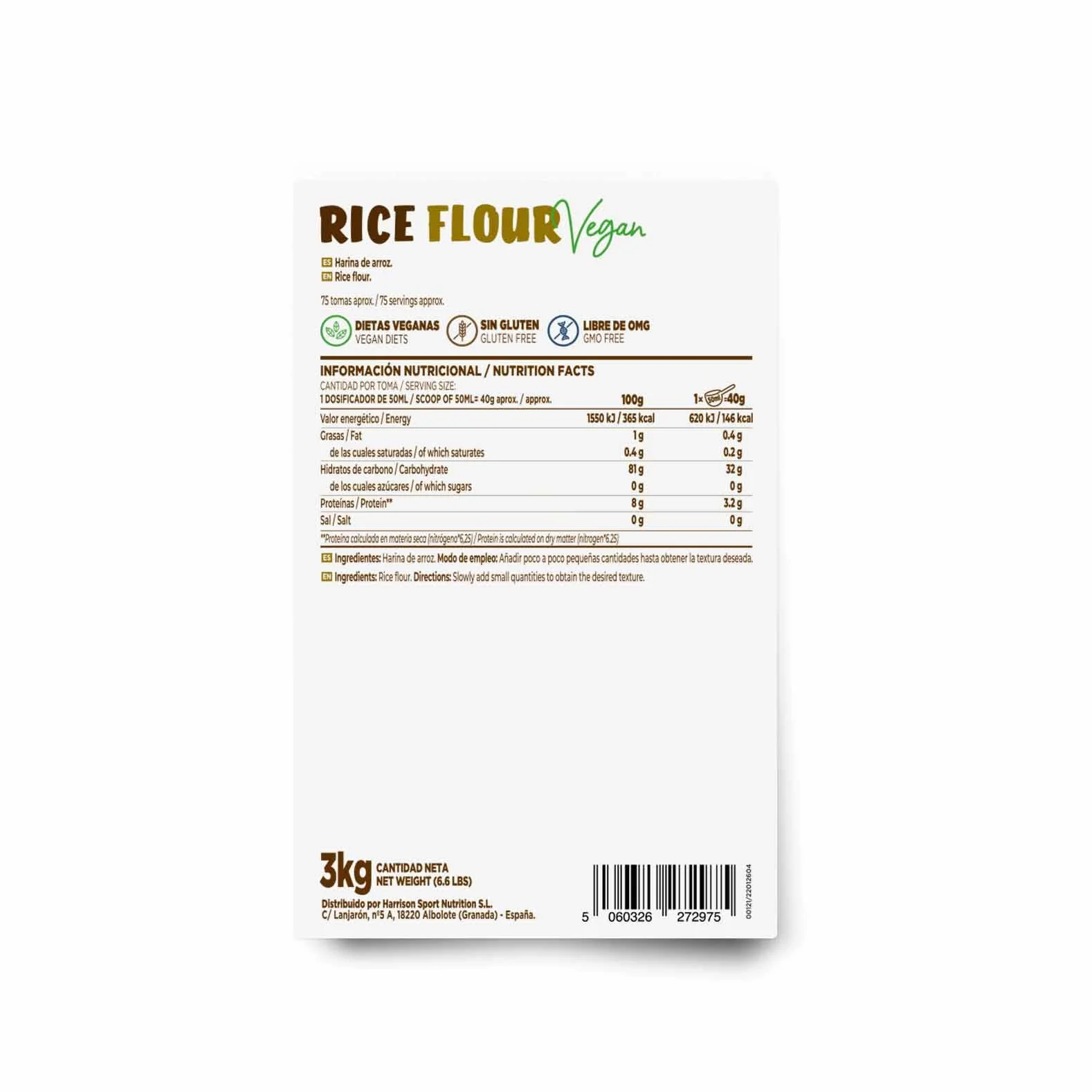 Harina de Arroz de HSN | Sin Sabor 3 Kg = 75 Tomas por Envase | Para Cocinar | Ideal recetas de repostería y cocina para celiacos | No-GMO, Vegano, Sin Gluten