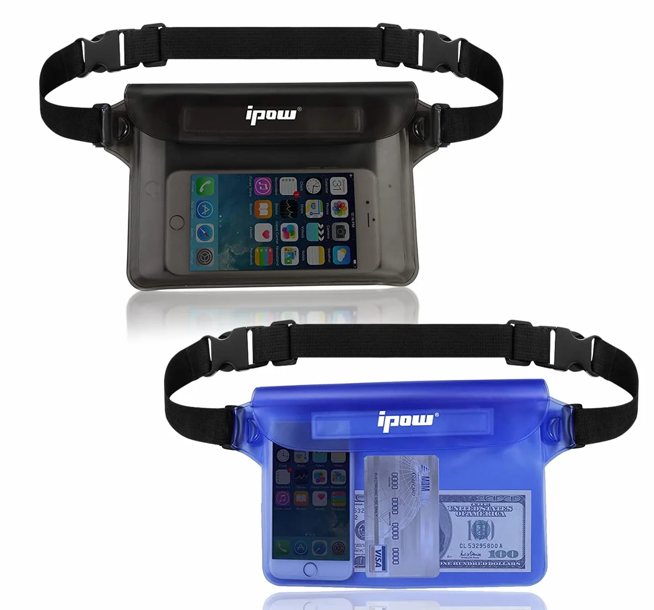 Bolsa Impermeable IPX8 Riñonera con Cinturón Ajustable para Playa Natación, Negro y Azul Traslúcido