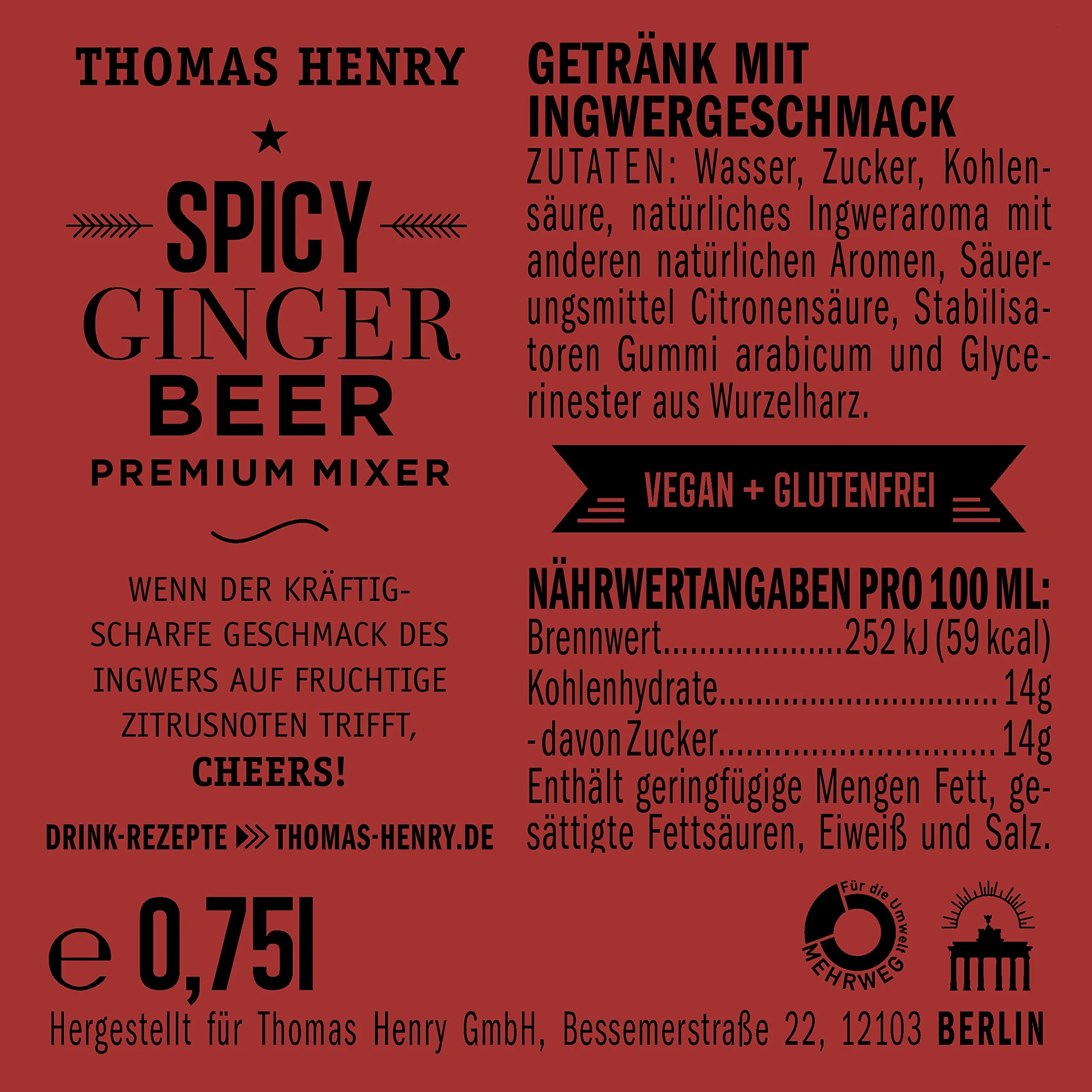 Thomas Henry Spicy Ginger Beer 6 x 0.75 l Cristal MW Zestaw Limonad