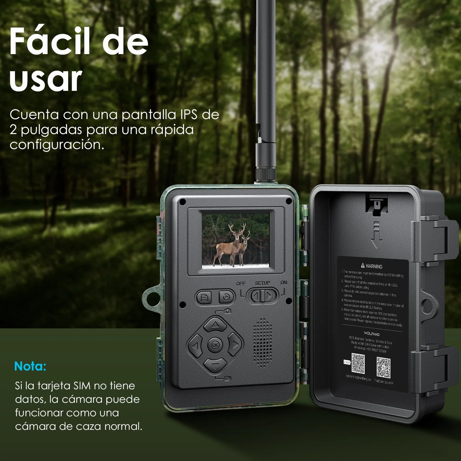 WOLFANG Cámara de Caza 4G 48MP 2K HD Nocturna 850 NM LED IR IP66 WT07