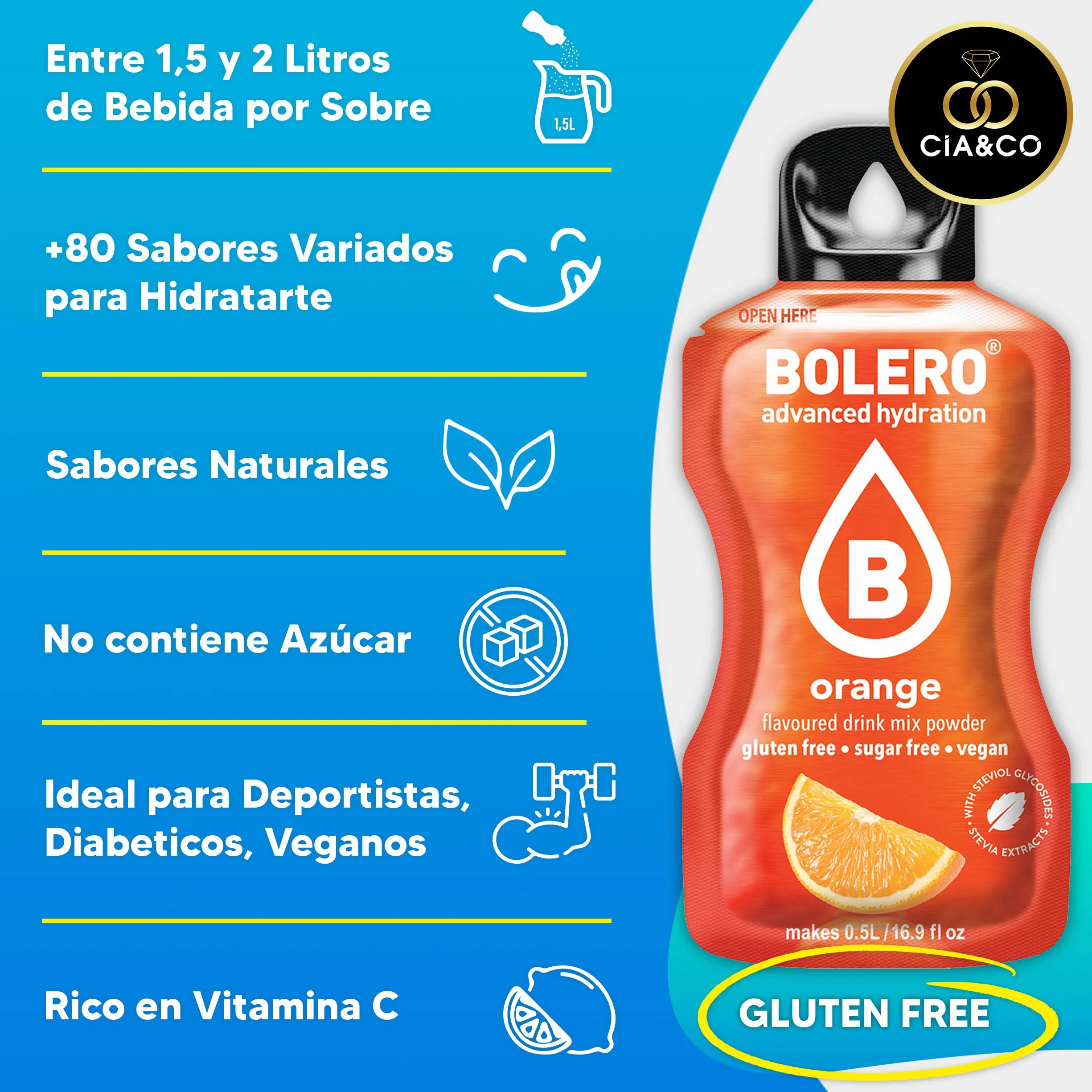 Bolero MIX Sabores VARIADOS 78x9g + BOTELLA 1500ml Aguamarina + 50 Pepitas Saludables Cia&Co - Hidratación Saludable sin Azúcar