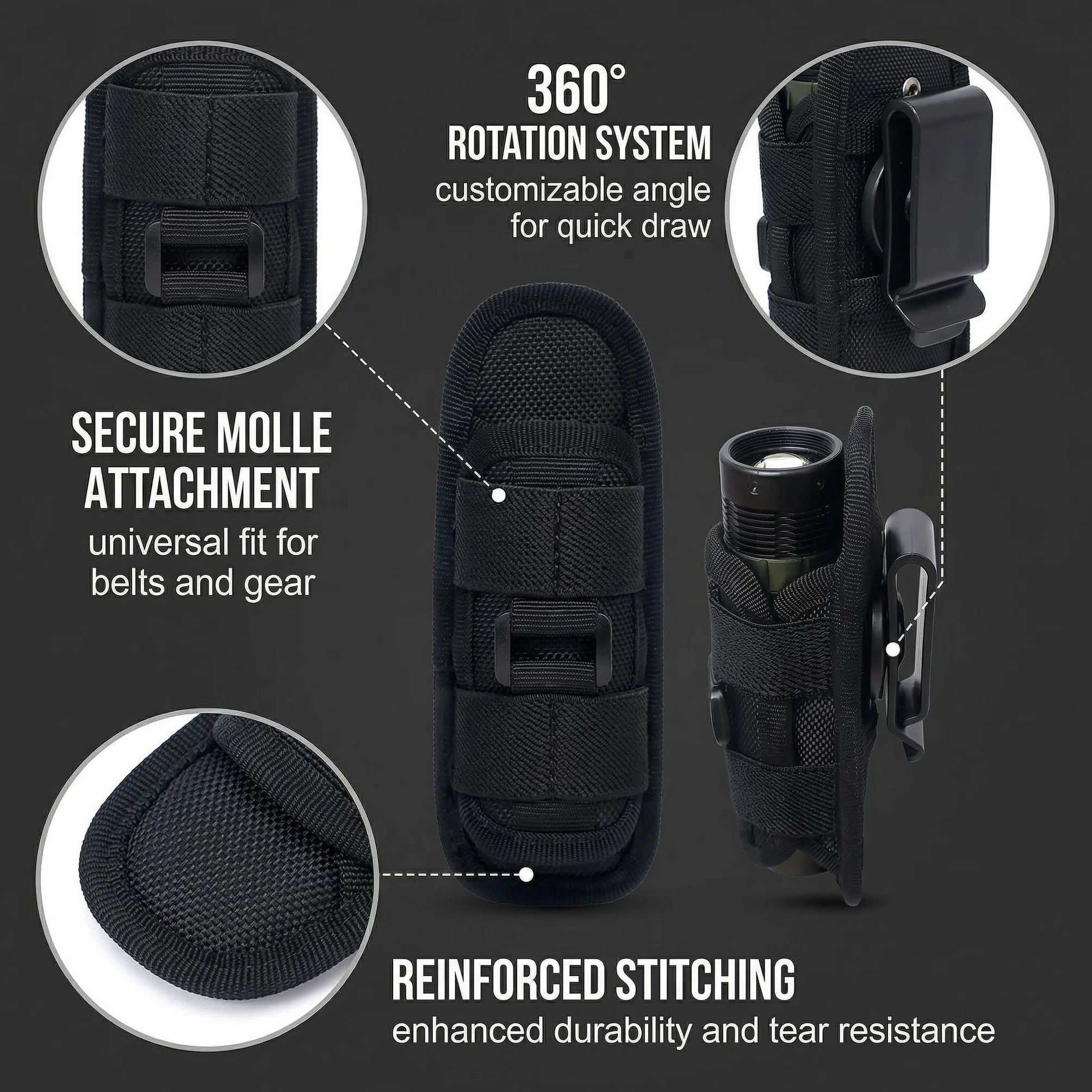 Funda Táctica Para Linterna, Giratoria 360° Liberación Rápida, Portalinternas Cinturón, Negro