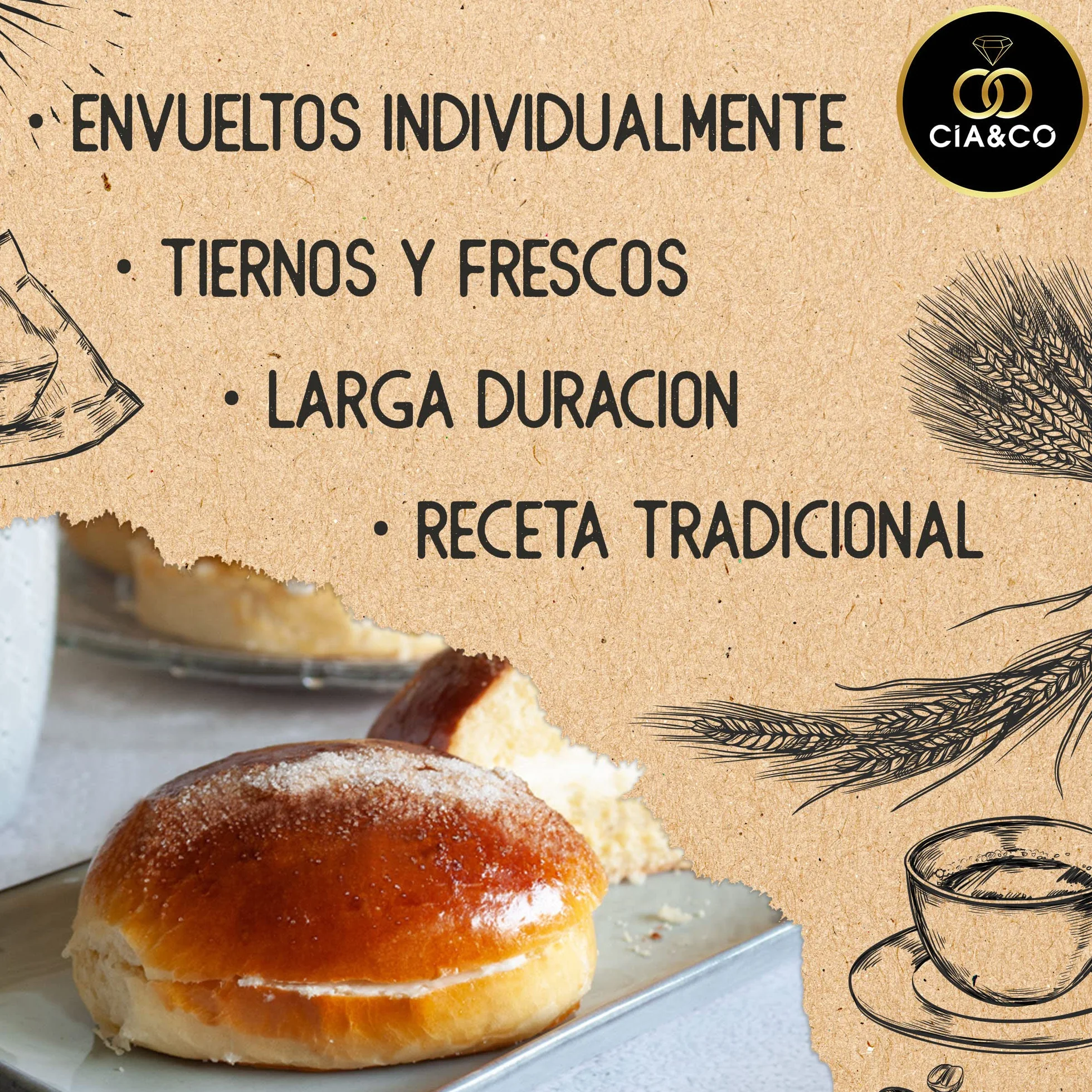 5 Bollos de Mantequilla Artesanos Cia&Co · Receta tradicional y típica Vasca con mucha mantequilla en el interior · Envasado Individualmente para mayor duración.
