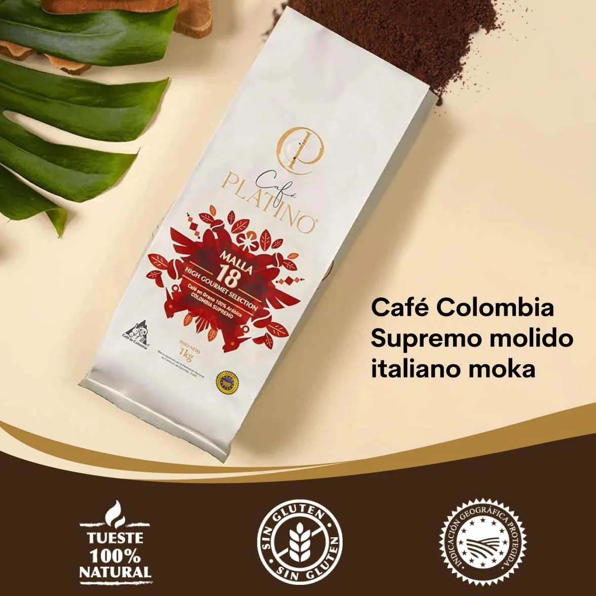 Café Platino - Café Molido de Colombia Supremo Tostado 1Kg - 100% Arábica - Malla +18 High Gourmet Selection