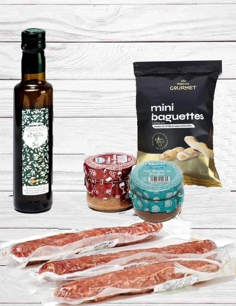 Caja Cesta Gourmet Regalo - Lote embutidos Ibericos salchichón chorizo y jamon + Pate Iberico de Trufa y Pedro Ximenez + 3 piezas Fuets +Aceite Oliva Virgen Extra + Picos Artesanos