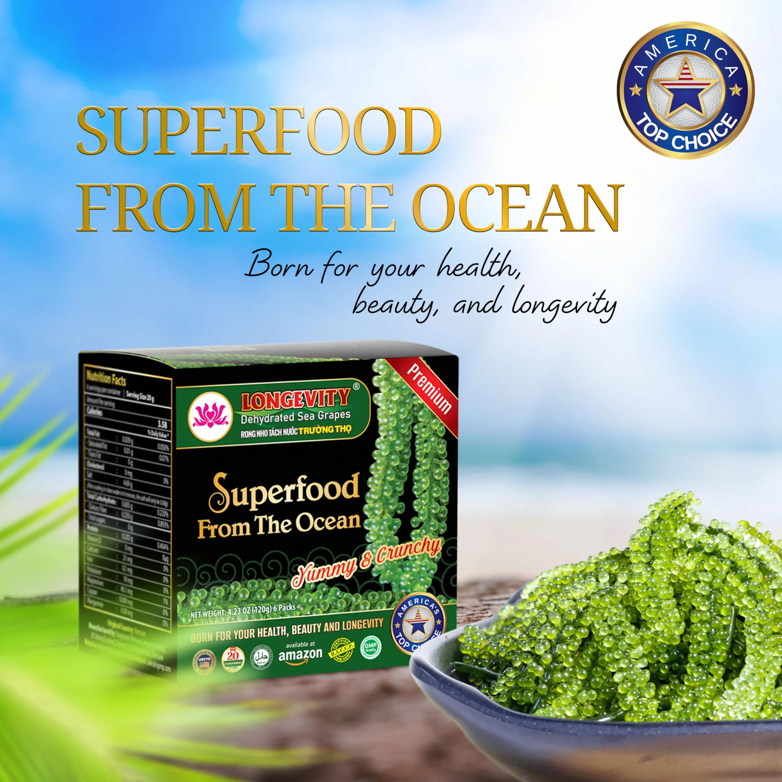 Longevity Uvas de mar - Umibudo verde Caviar - Deshidratado, peso, Intensificación del sistema inmunológico, valorado don natural De Mar (original), 1.4 onzas (paquete de 2)