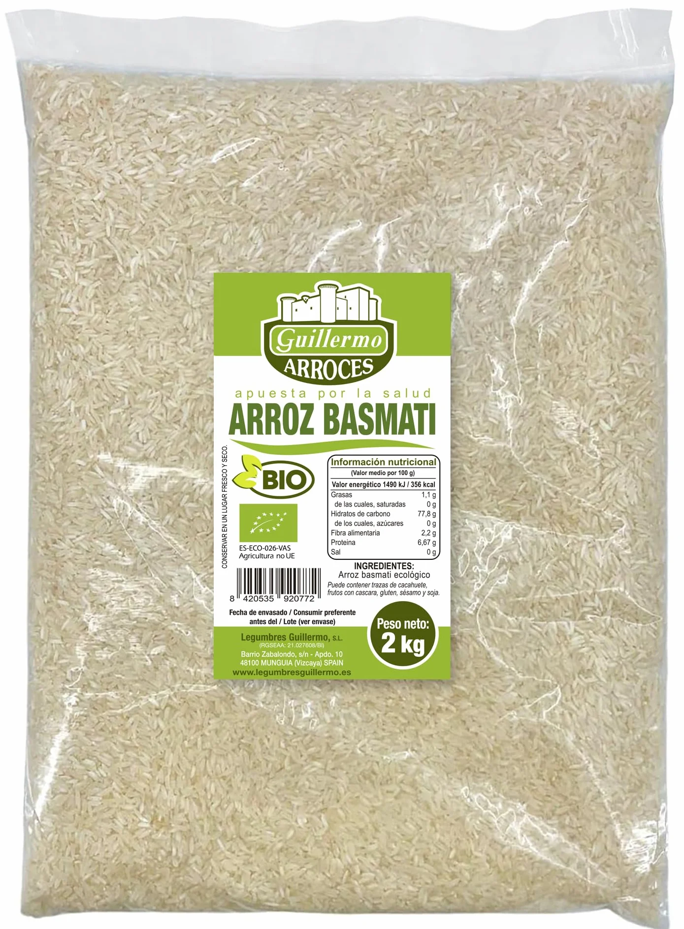 Guillermo | Arroz basmati blanco BIO - Bolsa 2kg. | 100% ecológico | Contiene minerales como el manganeso para activar el metabolismo | Hay que quitarle todo el almidón