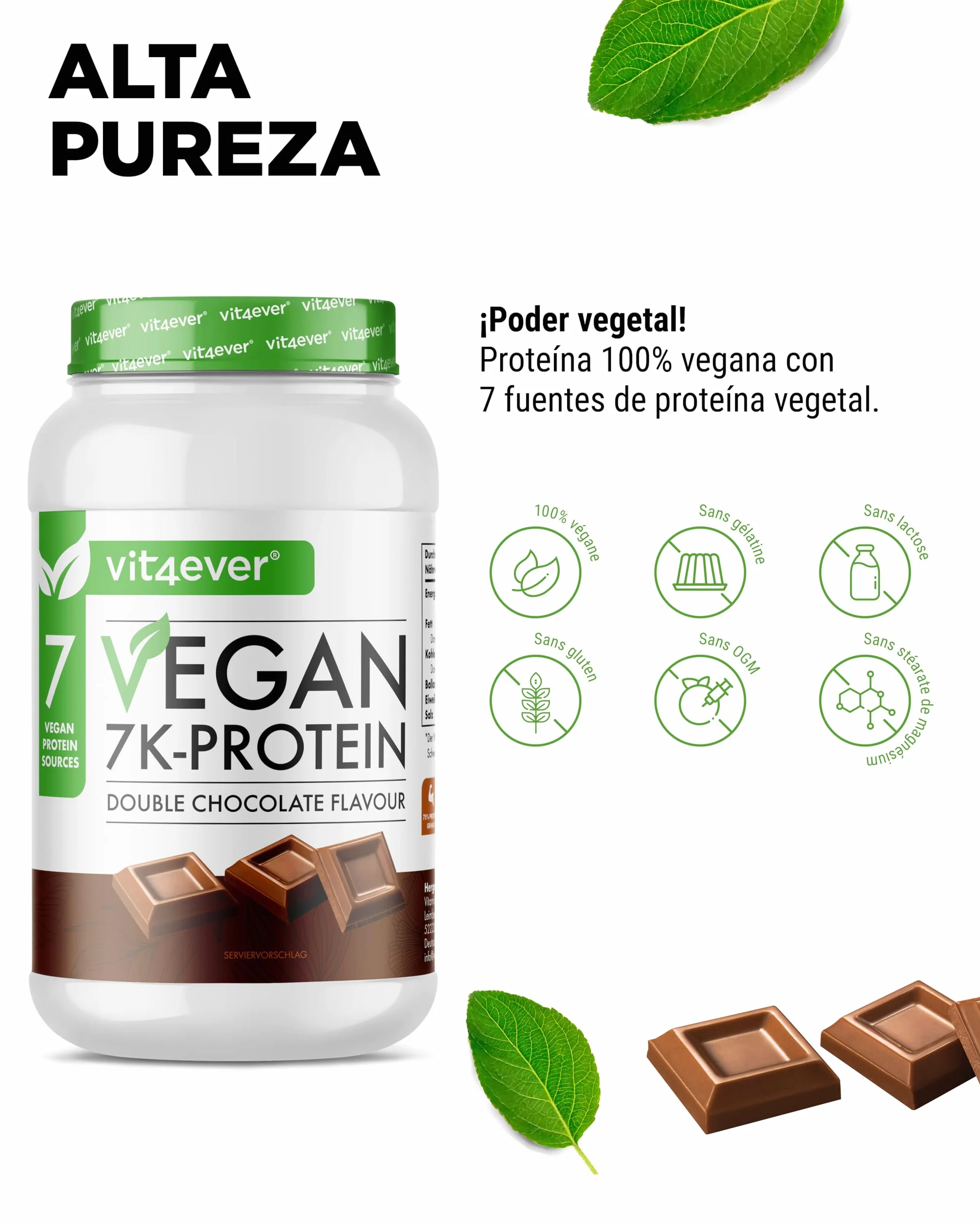 Vegan 7K Protein 1kg Doble Chocolate Proteína vegetal pura en polvo