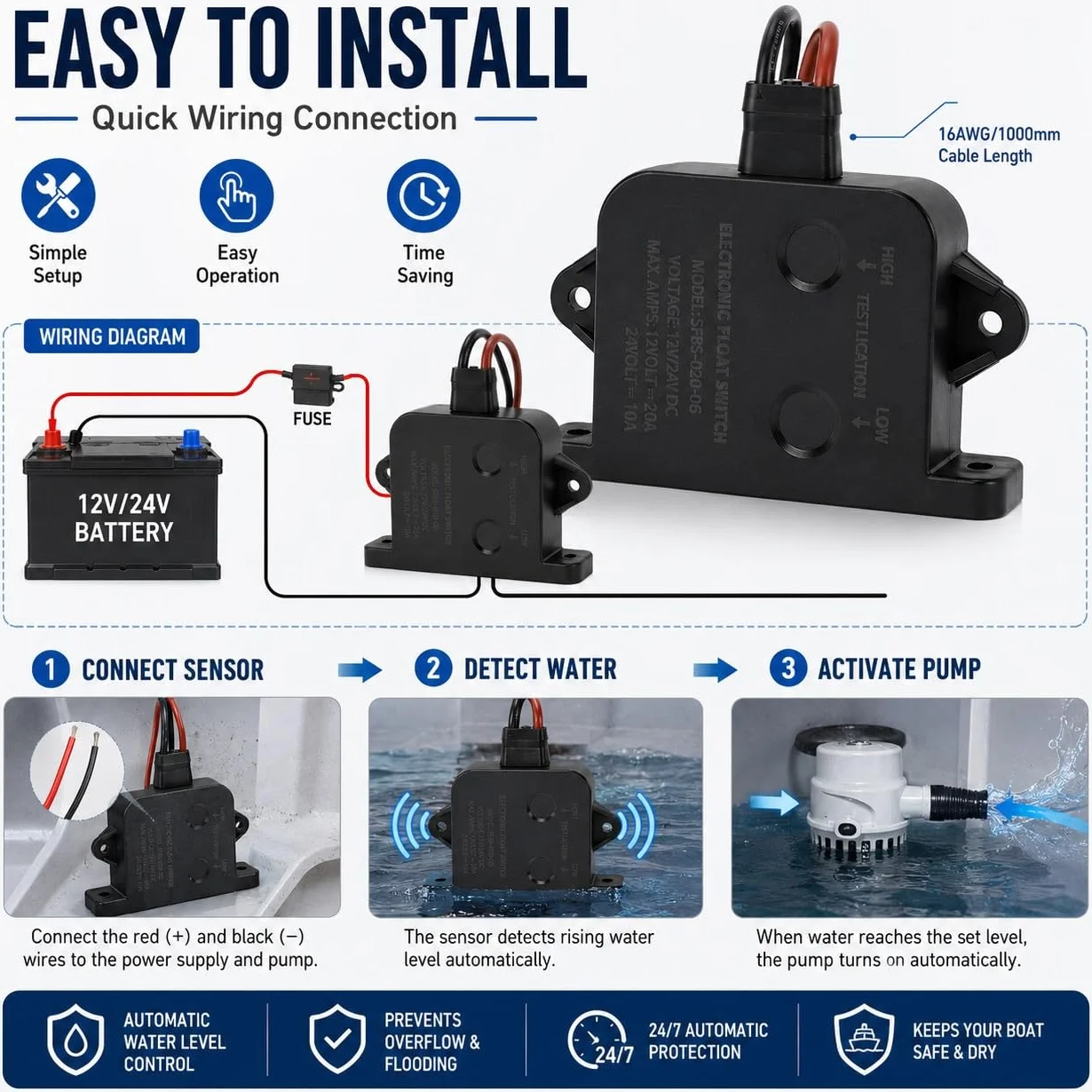 Sensor de bomba de sentina marina 24V Alarma automática Interruptor de flotador Nivel de agua para yates
