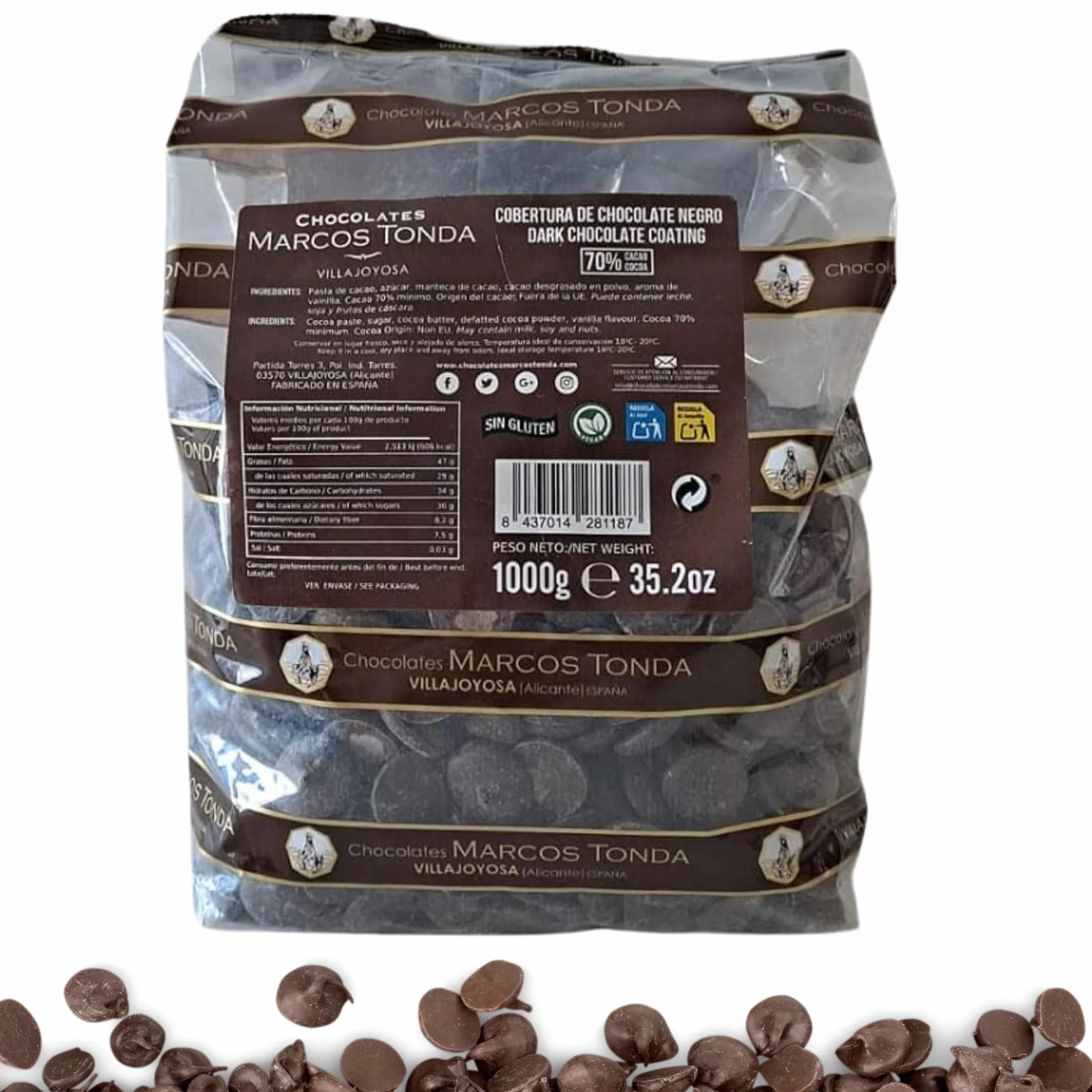 Marcos Tonda Pepitas De Chocolate Negro 70% 1000g Chocolate Chips Originales