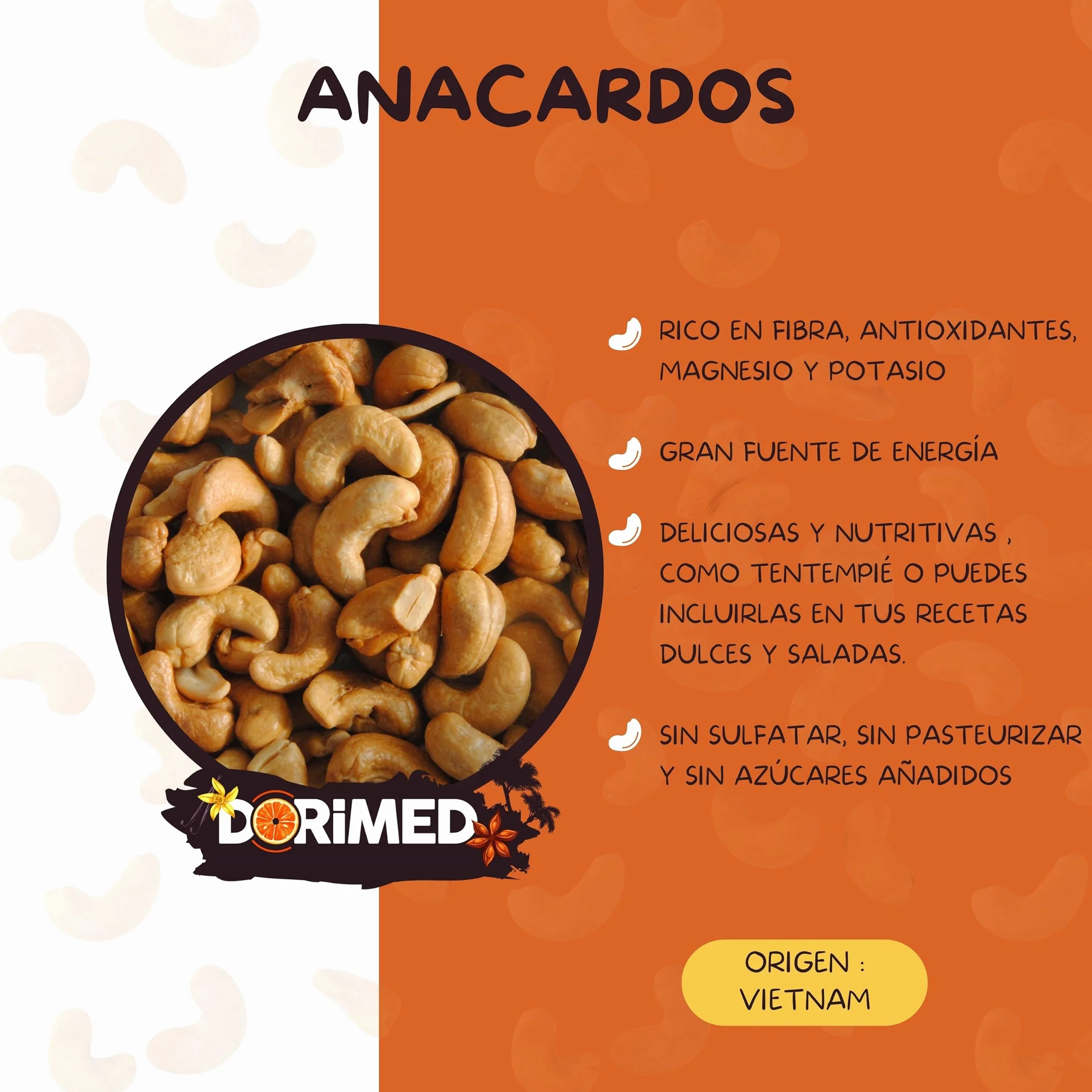 Anacardos Enteros Tostados | 1 Kg de Piezas de Frutos Secos de Origen Natural | Nuez Sin Cáscara | Sin Sal | Cashews nuts | Dieta vegana y vegetariana | Dorimed