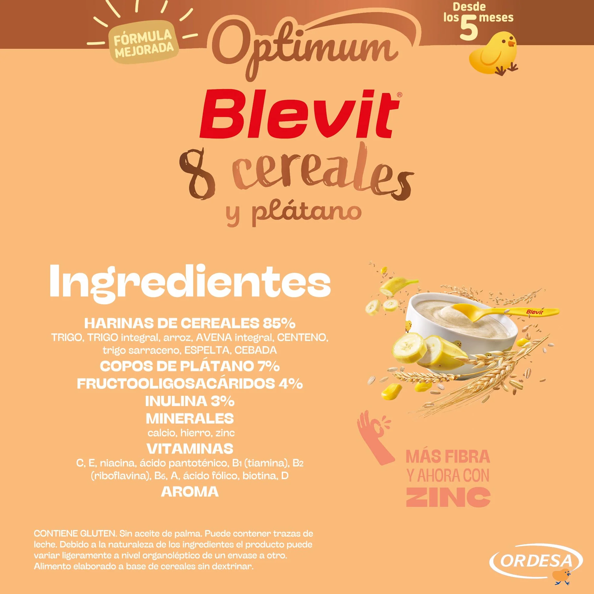 Blevit Optimum 8 Cereales y Plátano | 250g | Papilla para Bebé con 85% de Cereales - Copos de Plátano, Vitaminas, Minerales y Fibra