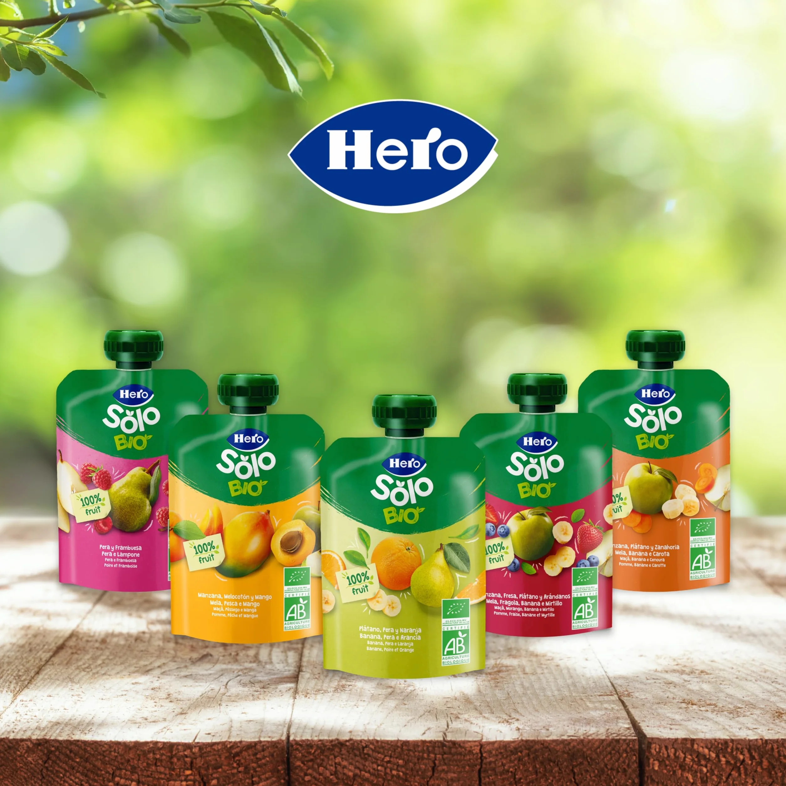 Hero Solo Caja Mixta de Bolsitas, 9 Bolsitas de Manzana, Plátano y Zanahoria y 9 Bolsitas de Plátano, Pera y Naranja, Sin Conservantes ni Colorantes, Partir de los 6 Meses, Pack de 18x100 gr