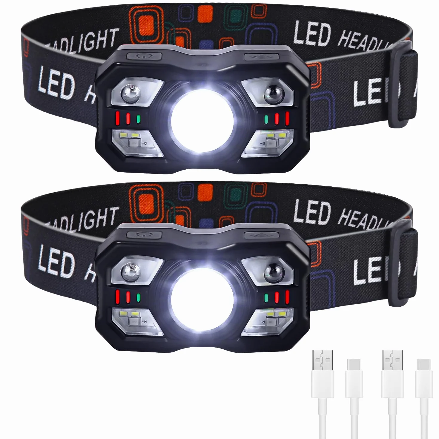 Linterna Frontal LED Recargable 2 Pack, Superbrillantes con Sensor de Movimiento, Luz Cabeza para Correr Camping
