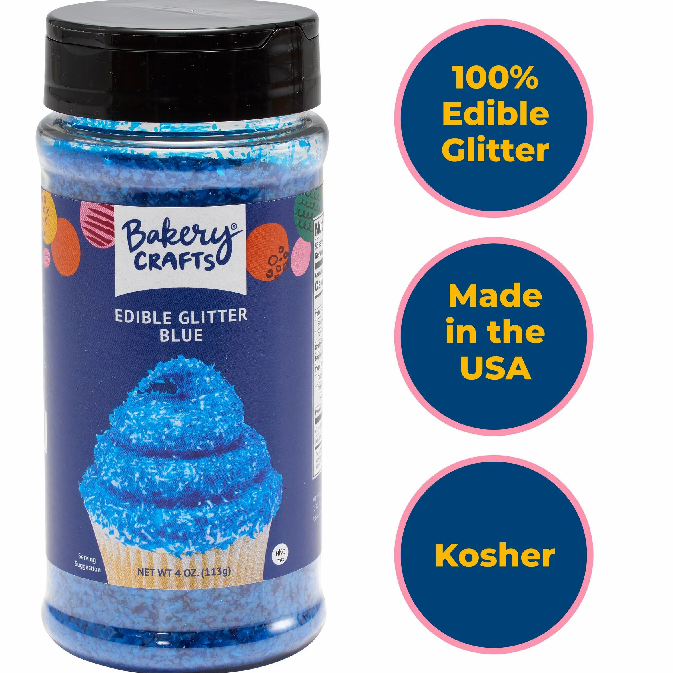 Bakery Craft Purpurina comestible, 4 onzas, elegancia brillante en una botella, recipiente de mano, purpurina comestible para decoración de tartas de celebración, cupcakes, galletas, color azul