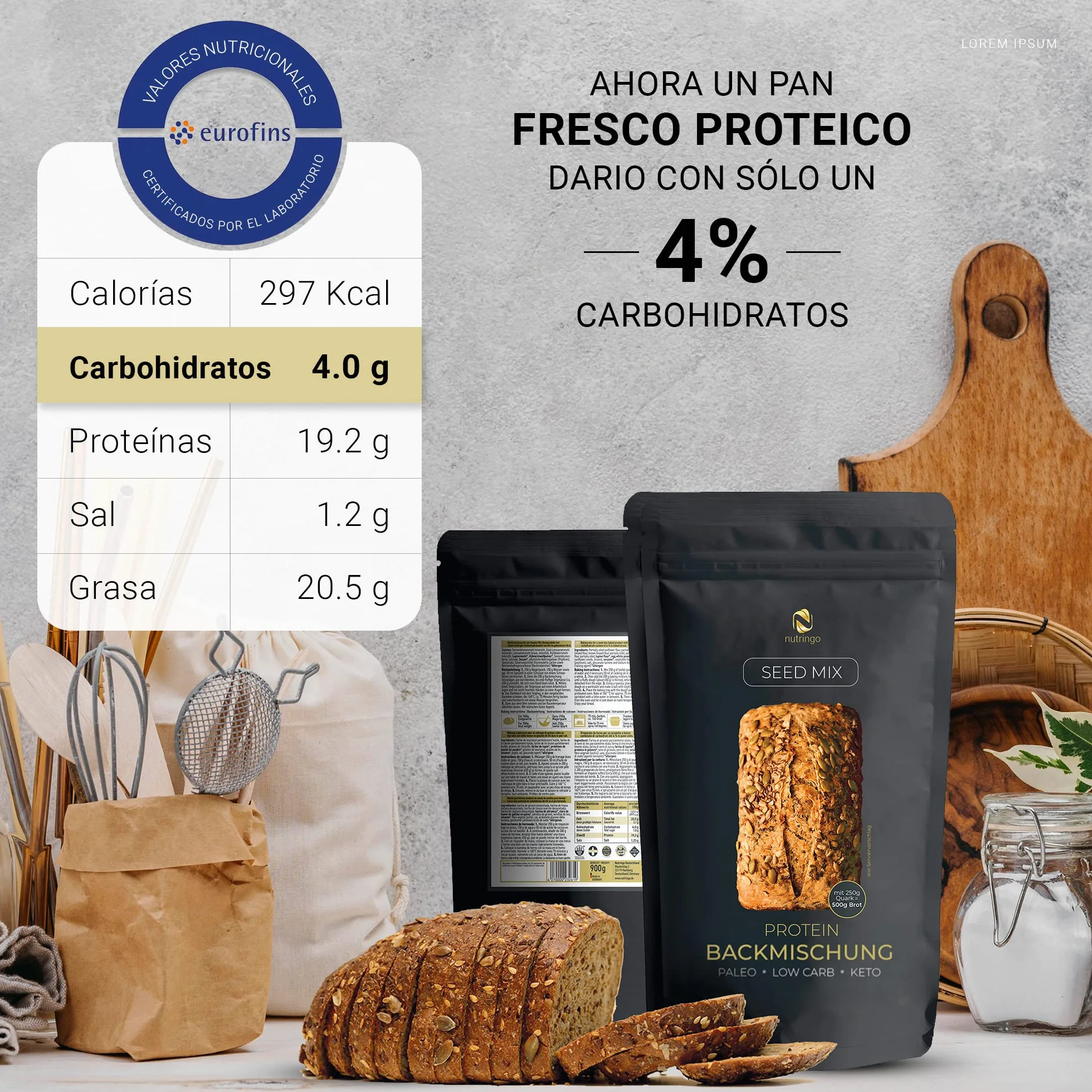 Seed Mix - Mezcla para hornear pan de proteínas 3x200g. | para 1,65 kg de pan | 4g. carbohidratos | Sin cereales | Sin gluten | Para Paleo, Keto baja en carbohidratos | Apto para diabéticos