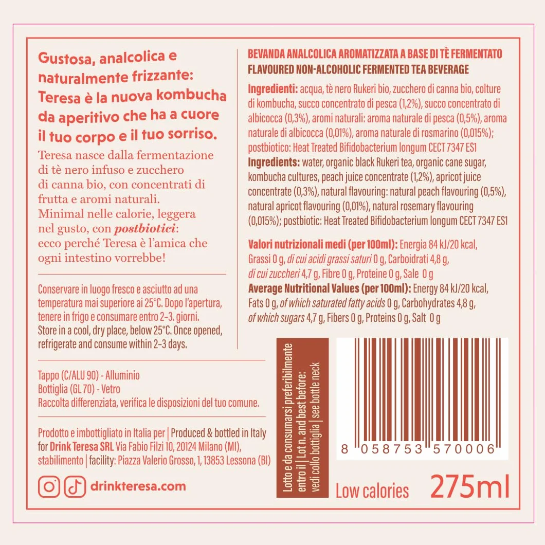 Teresa Kombucha Espumoso con Postbióticos – Bebida Fermentada Natural Pasteurizada – Alternativa saludable y sin alcohol – Botella de 275ml – Sabor a melocotón – Made in Italy