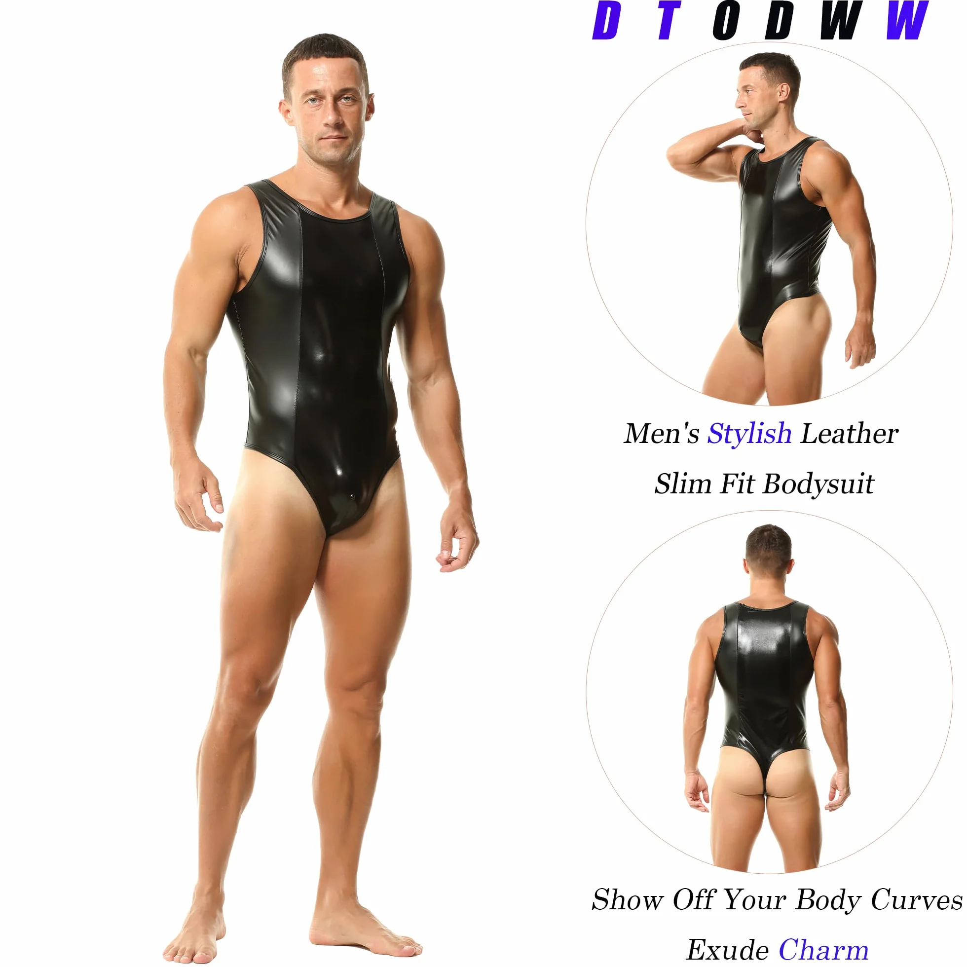 DTODWW Maillot Moldeador de Cuero Falso para Hombres, Maillot de Lucha de Ajuste Slim con Brillo, Chaleco Sin Mangas