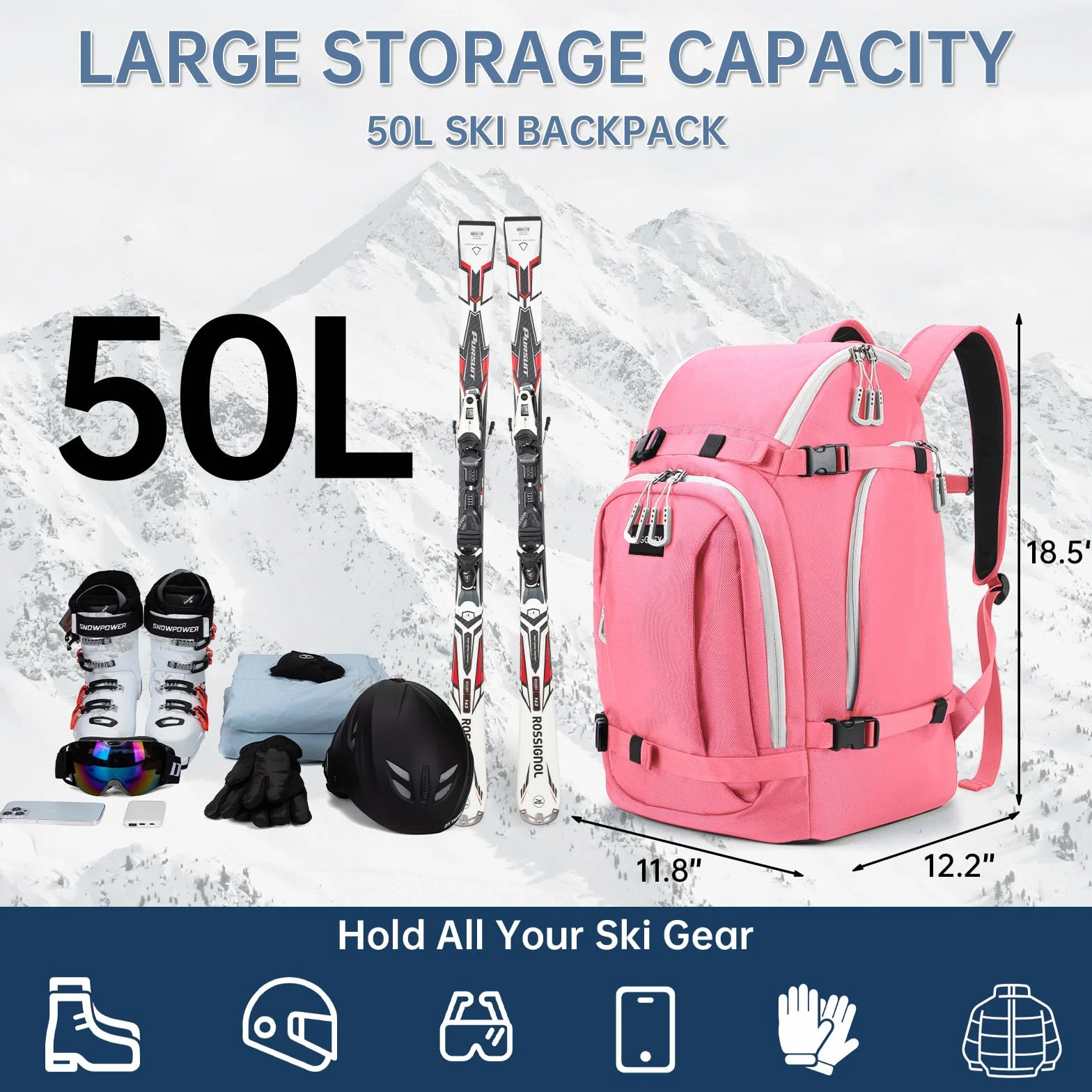 Mochila de esquí Bolsa para Botas con Compartimento para Casco 50L