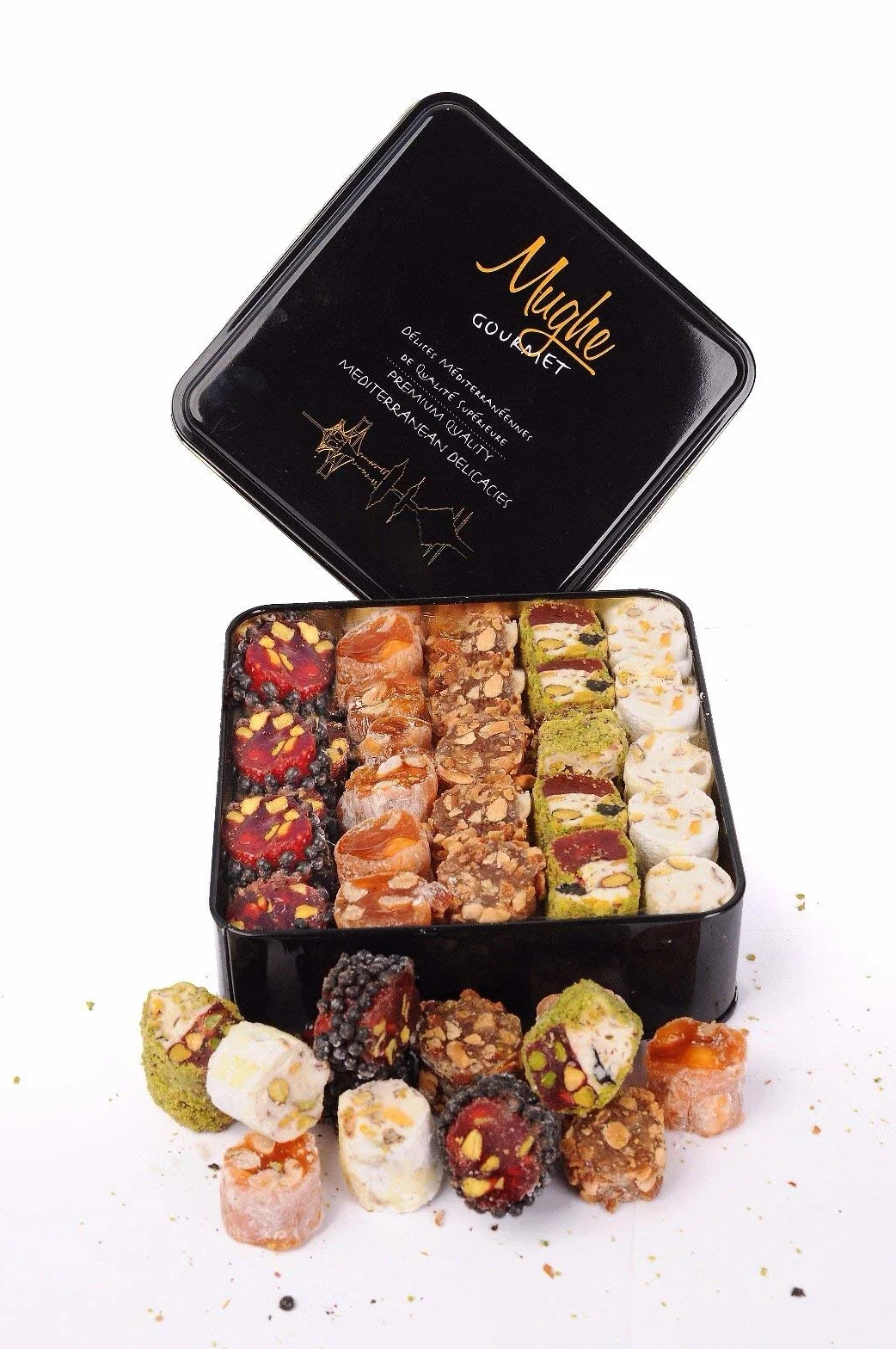 Mughe Gourmet- Caja de regalo de delicias turcas gourmet surtidas - Delicia turca de Pistacho, naranja, avellana y almendra - 1000gr - Halal y Vegetariano - Regalos perfectos para cumpleaños y más