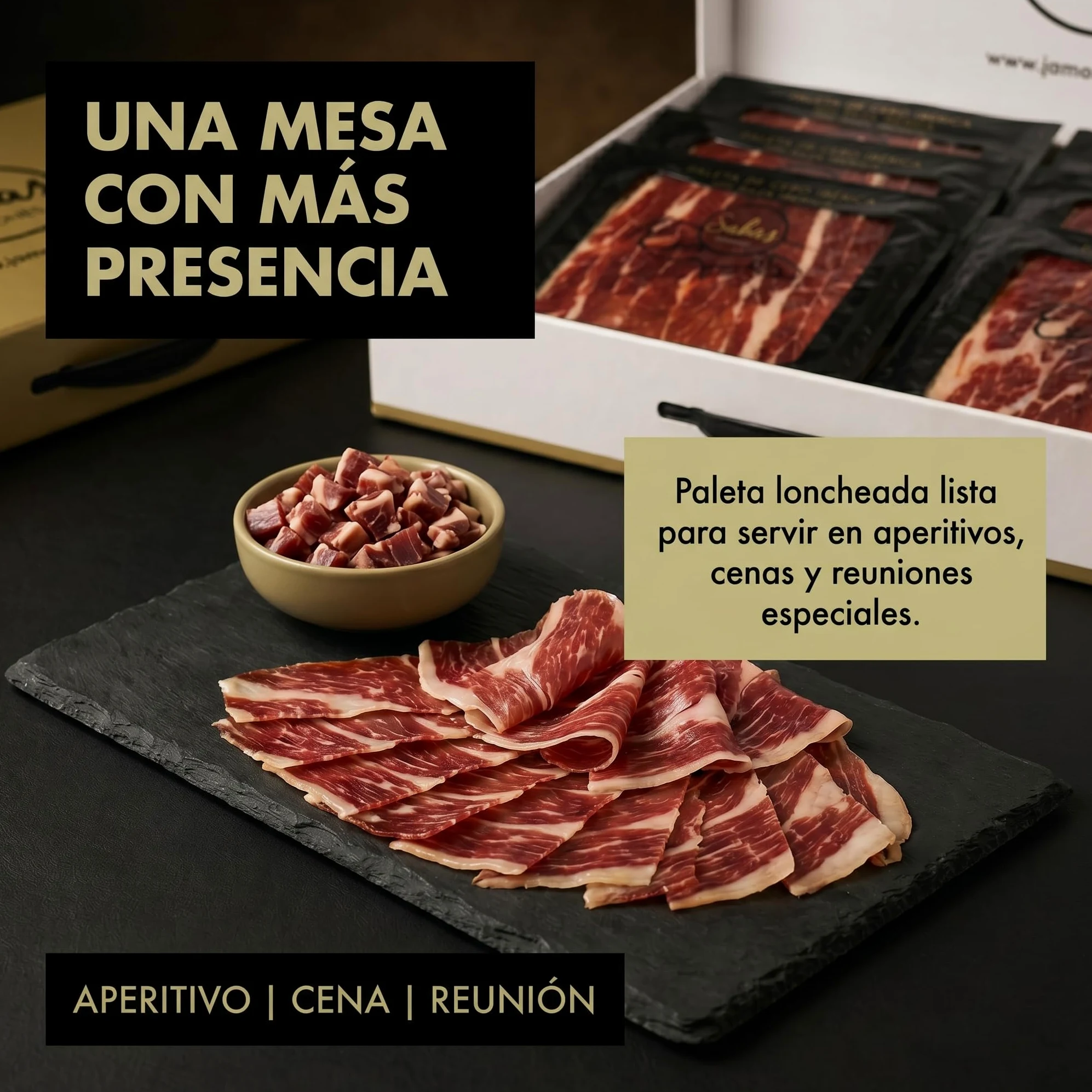 SABE A SABAS Cesta Paleta Gran Reserva Duroc 50% Cortada a Cuchillo 10 Sobres 100g con 2 Taquitos 100g Estuche Gourmet Regalo Jamon Curado Loncheado Tabla Aperitivo Navidad Evento Familiar