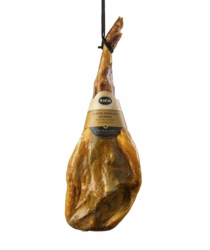 NICO JAMONES - LOTE JAMON SERRANO RESERVA HEMBRA. Jamón Serrano Hembra + Chorizo Ibérico velita 200g + Salchichón Ibérico velita 200g + Queso de Oveja curado D.O. CARMEN 250g