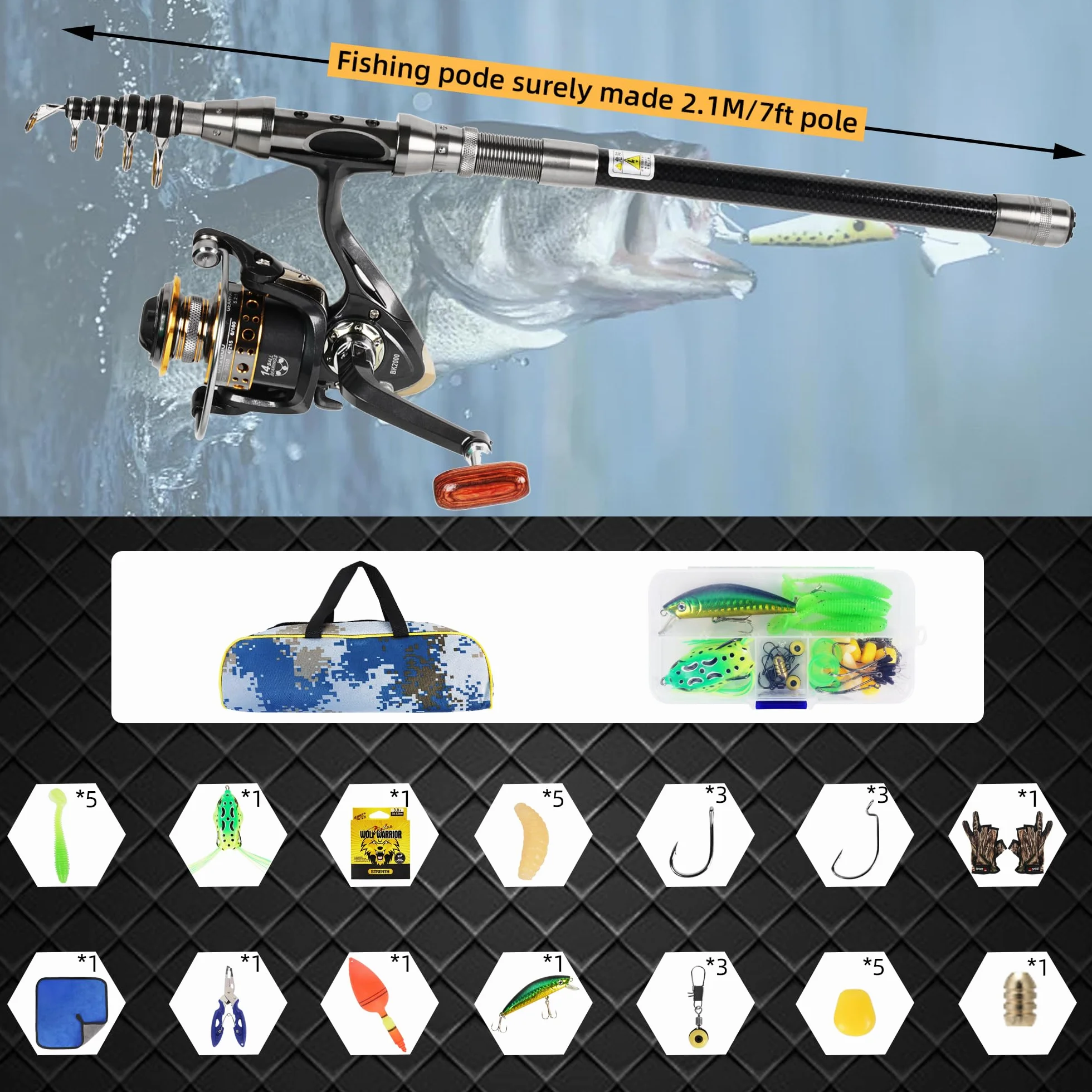 Kit de Caña de Pescar Telescópica de Metal 2,1m con Carrete y Accesorios