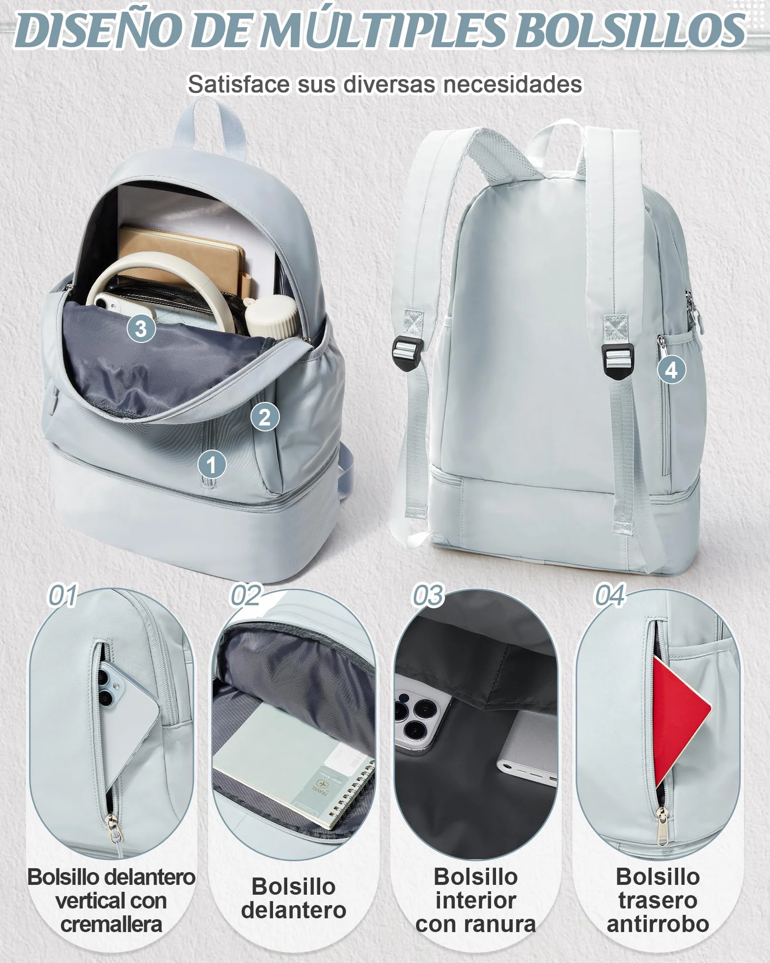 Suradar Mochila Deporte Mujer con Compartimento para Zapatos, Bolsa de Gimnasio Natación Yoga Azul Claro