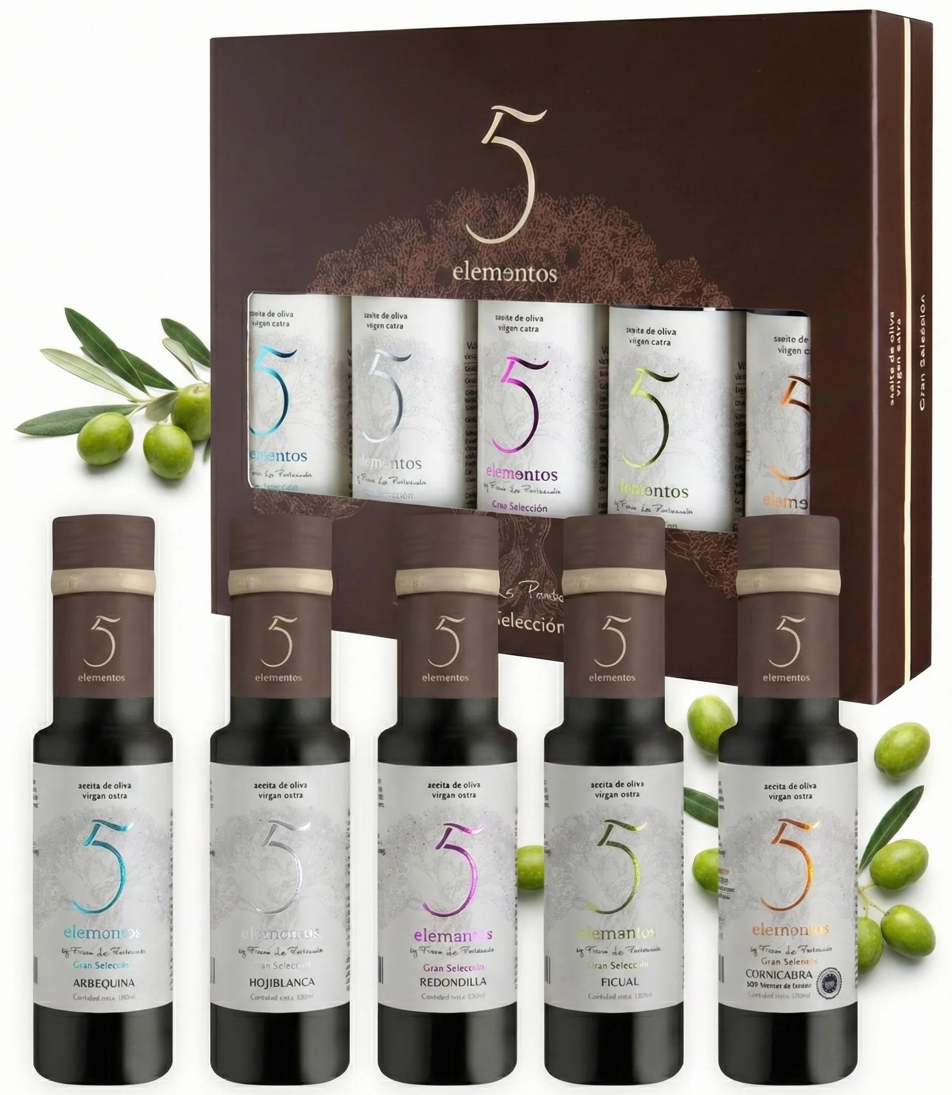 Aceite de Oliva Virgen Extra Gran Selección 5 Elementos Estuche Premium Degustación 5 Variedades Picual Arbequina Cornicabra Hojiblanca Redondilla Set Regalo Gourmet 5x100ml