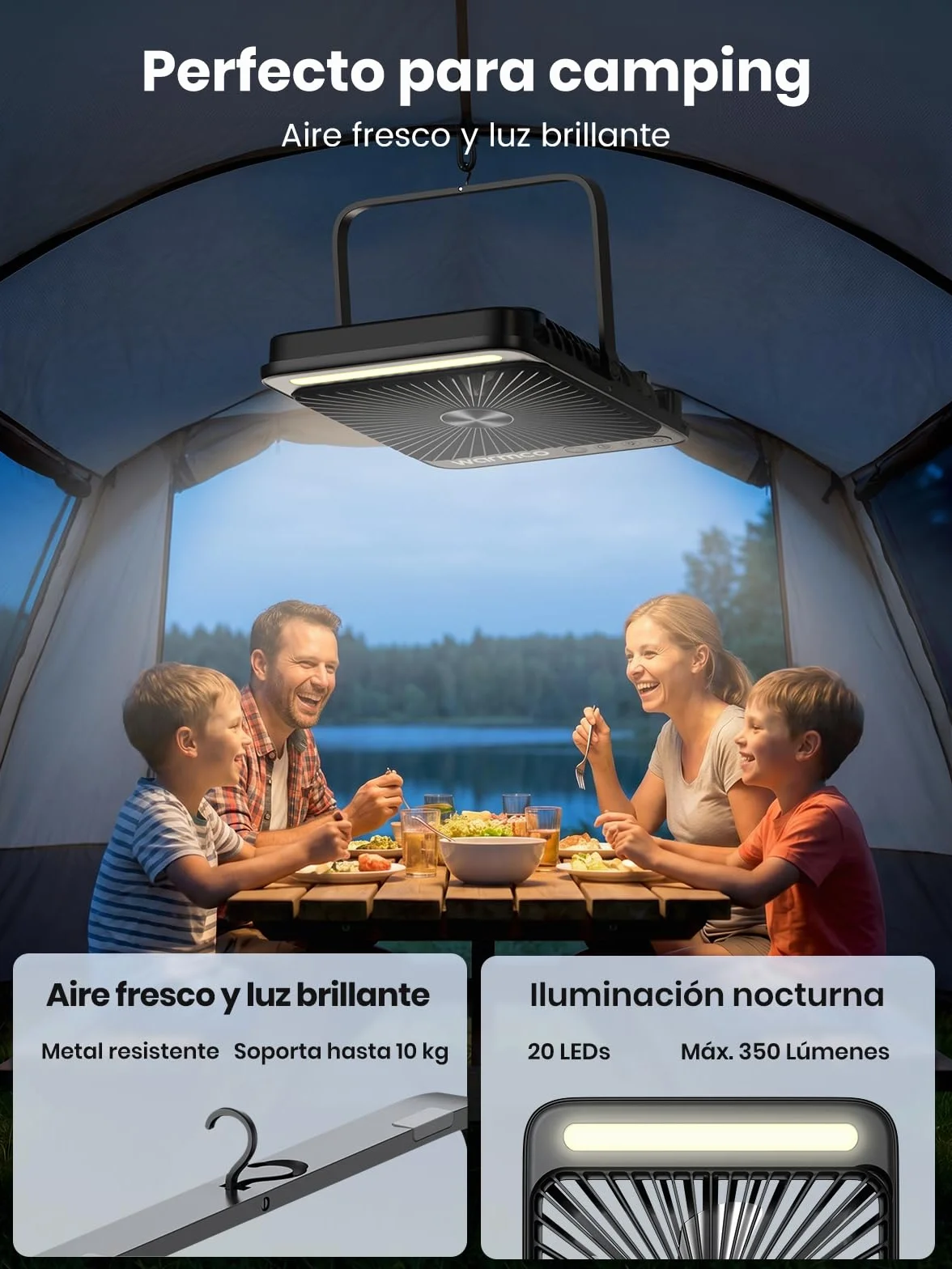 Ventilador Camping 20000mAh 27cm Recargable con Luz Carga Rápida 22,5W Autonomía 48H