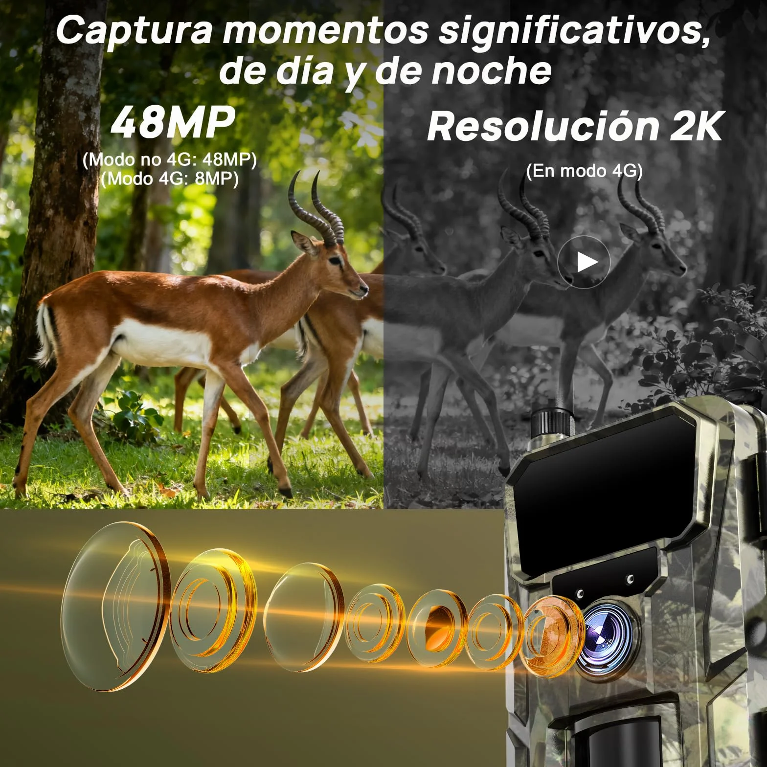 iZEEKER 2 en 1 Solar Cámara de Caza 4G LTE 48MP HD Nocturna con App, Batería 5200mAh, IP66 Impermeable