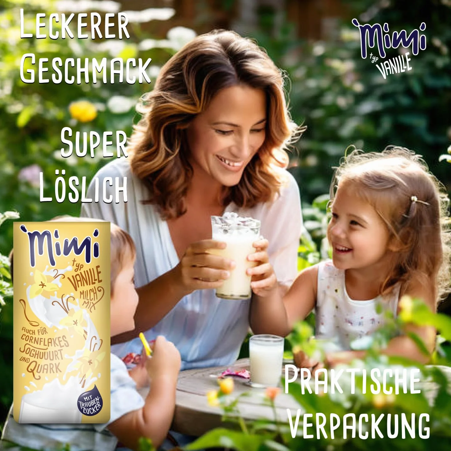 Mimi Milch-Mix Bebida Vainilla Bebida en polvo 12 x 400 g - Paquete de almacenamiento - Deliciosa bebida con sabor a vainilla - Soluble en frío y caliente - Ideal para ocio, oficina, familia grande