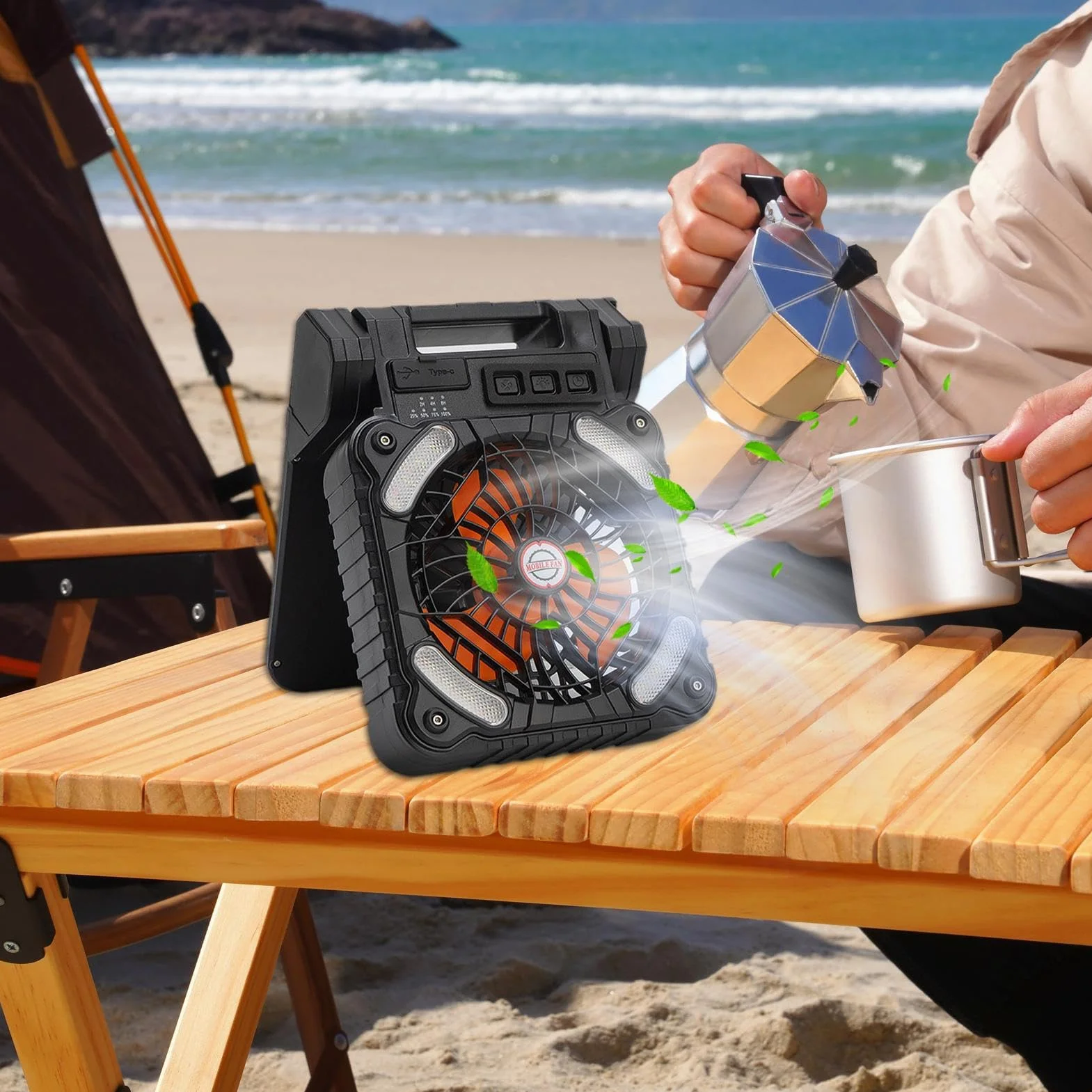 Ventilador Solar Portátil LED con 4 Velocidades y 3 Brillos, Batería de 100, para Acampar