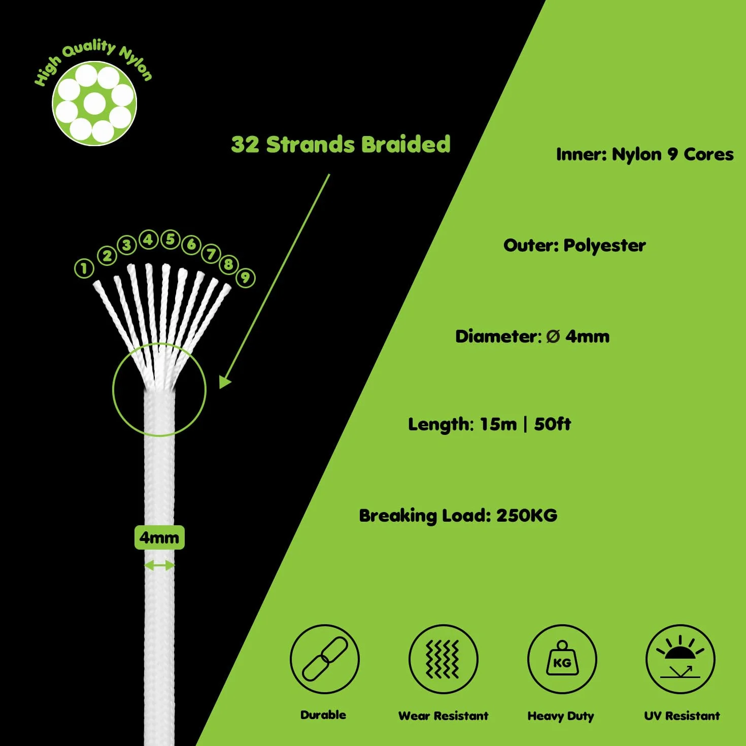 Brotree Cuerda Fluorescente Luminosa Paracord 4mm 15m 9 Hebras