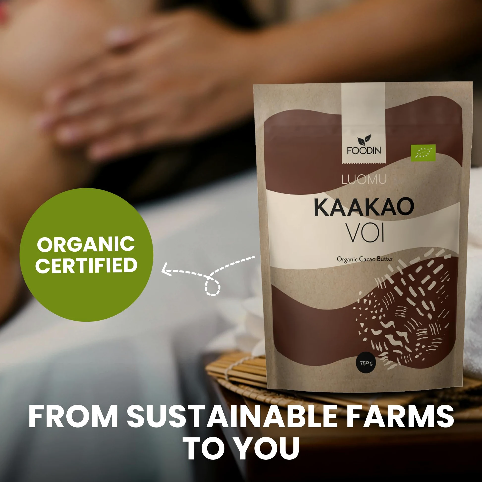 FOODIN Manteca de cacao ecológica — Kakaobutter pura para cuidado de la piel – Ideal para repostería, postres y cocina – Aroma suave y nutritivo – 750 g