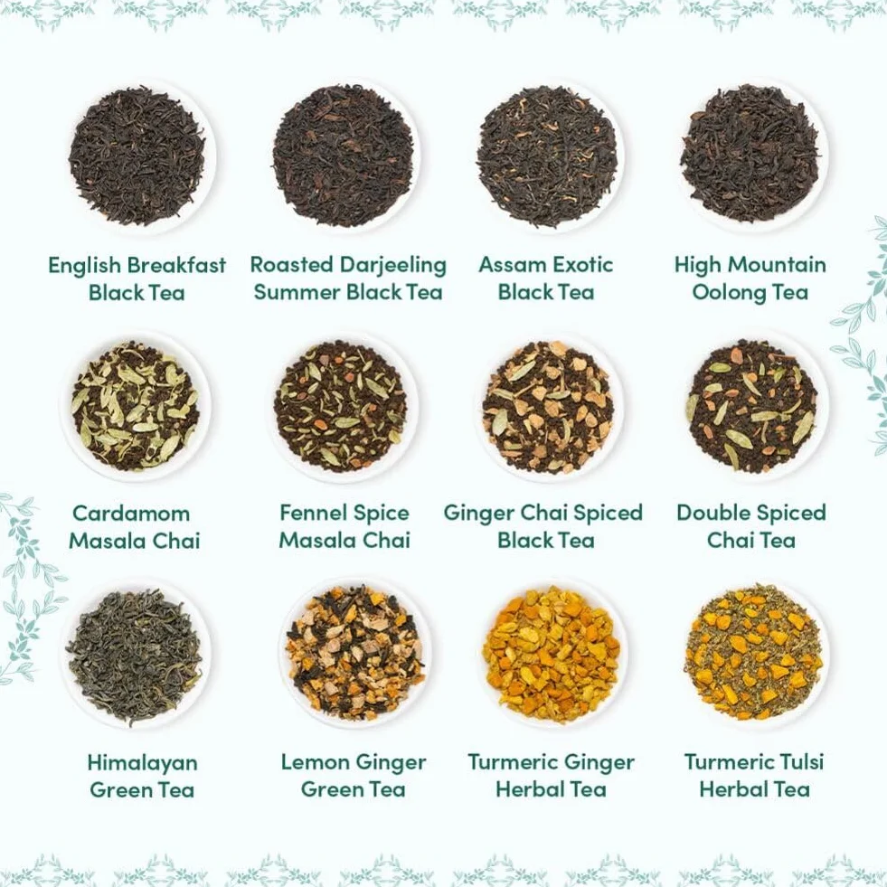 VAHDAM Caja De Regalo Surtida De Té Bloom 12 Tés Sueltos Té Negro Hierbas Oolong Verde Chai
