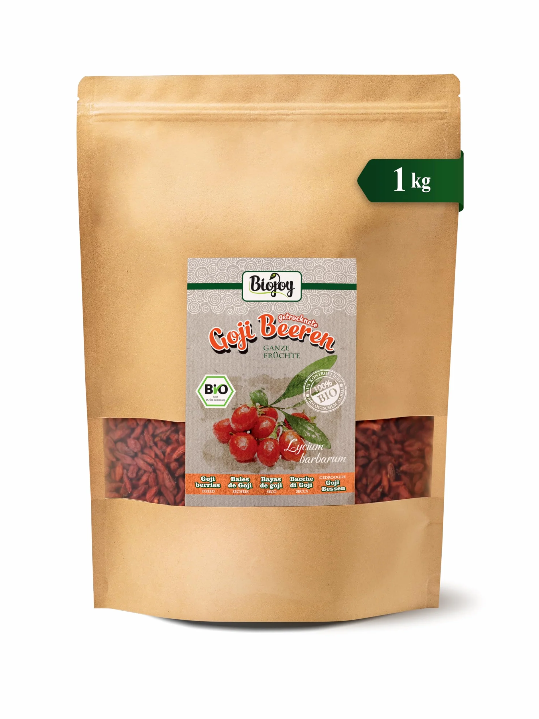 Biojoy Bayas de Goji deshidratadas Ecológicas (1 kg), sin azúcares añadidos y sin azufre