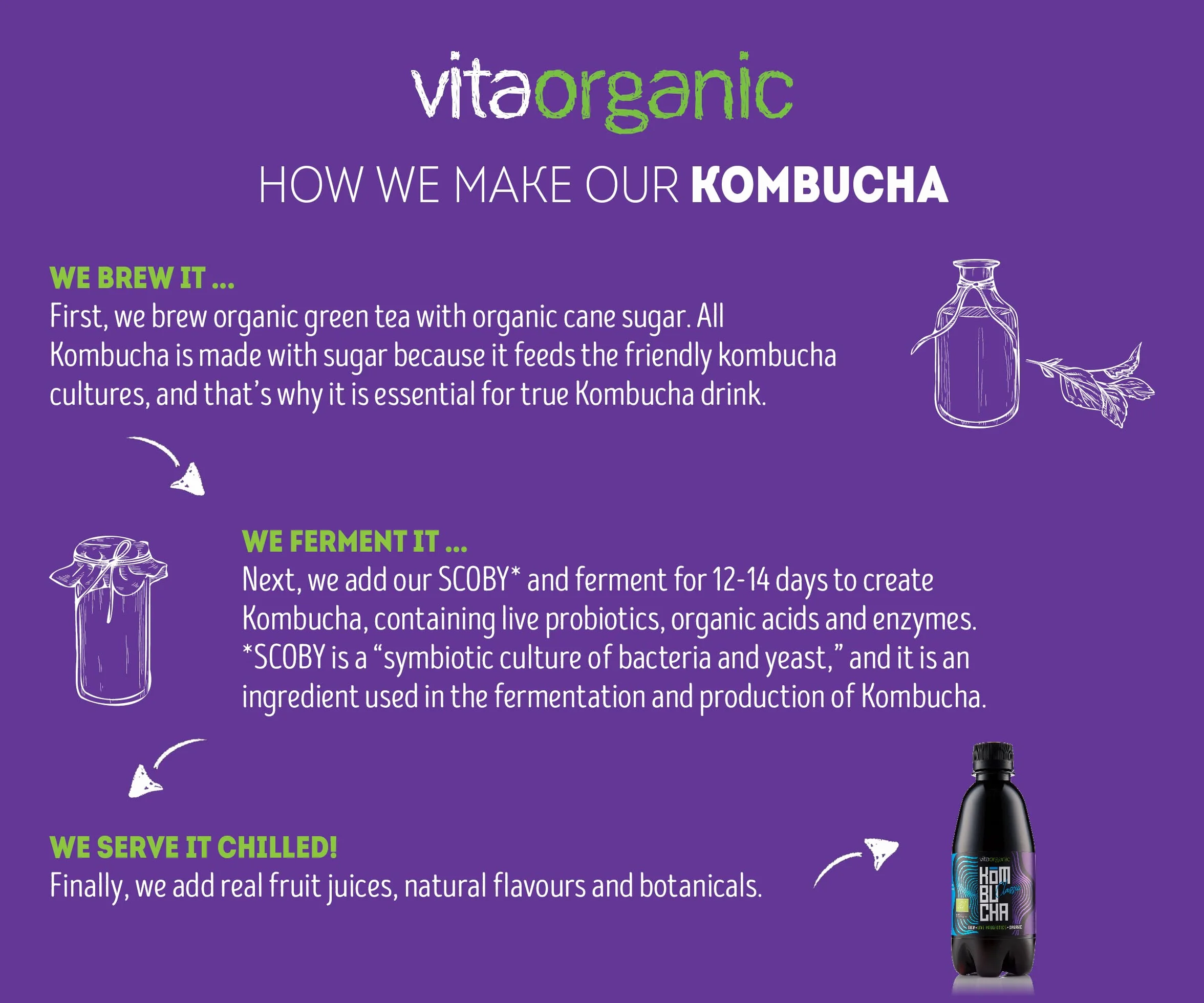 VitaOrganic Té de Kombucha Orgánico 330ml – Té Verde Espumoso con Cultivo de Kombucha Natural Viva – Bebida Fermentada Naturalmente y 100 % Orgánica
