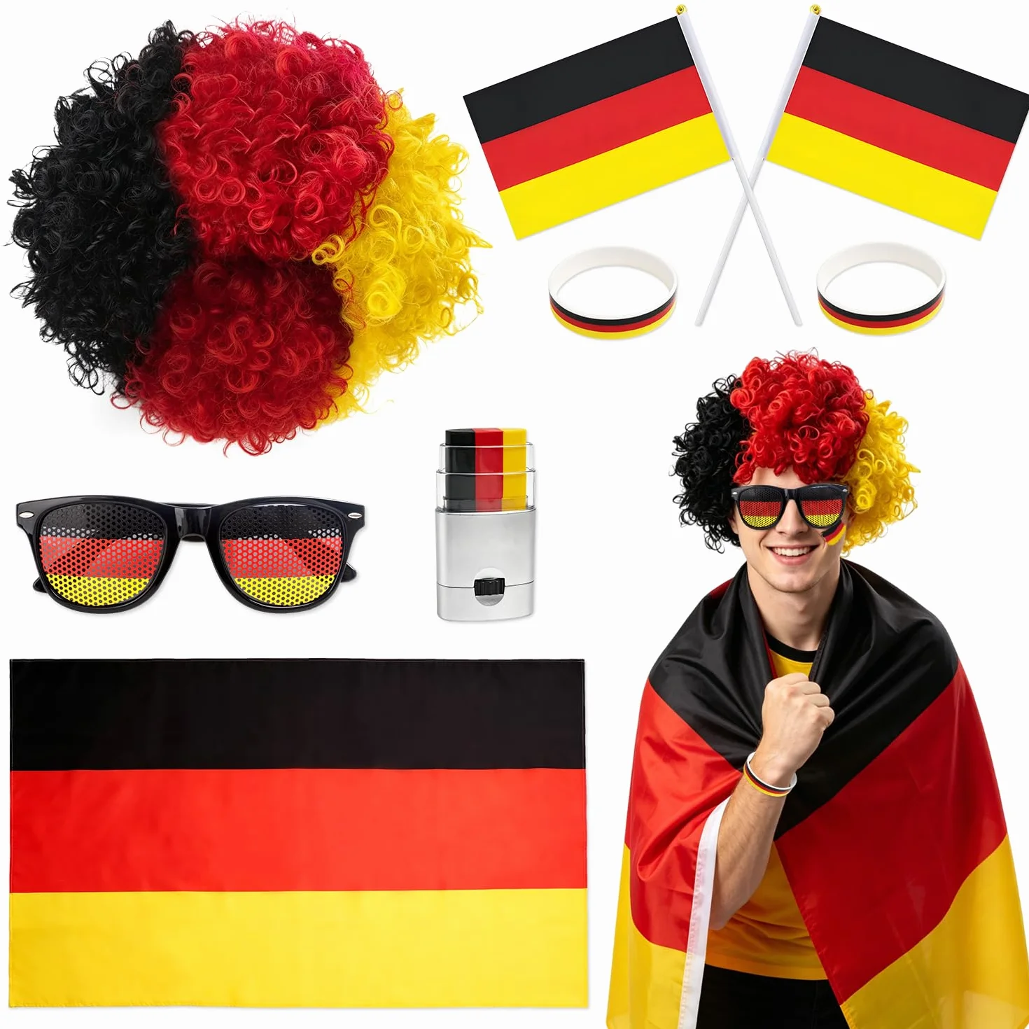 Alemania Decoración Mundial Fútbol 2026 Paquete 8 Artículos Gafas Sol Lápiz Maquillaje Bandera Pulsera Peluca