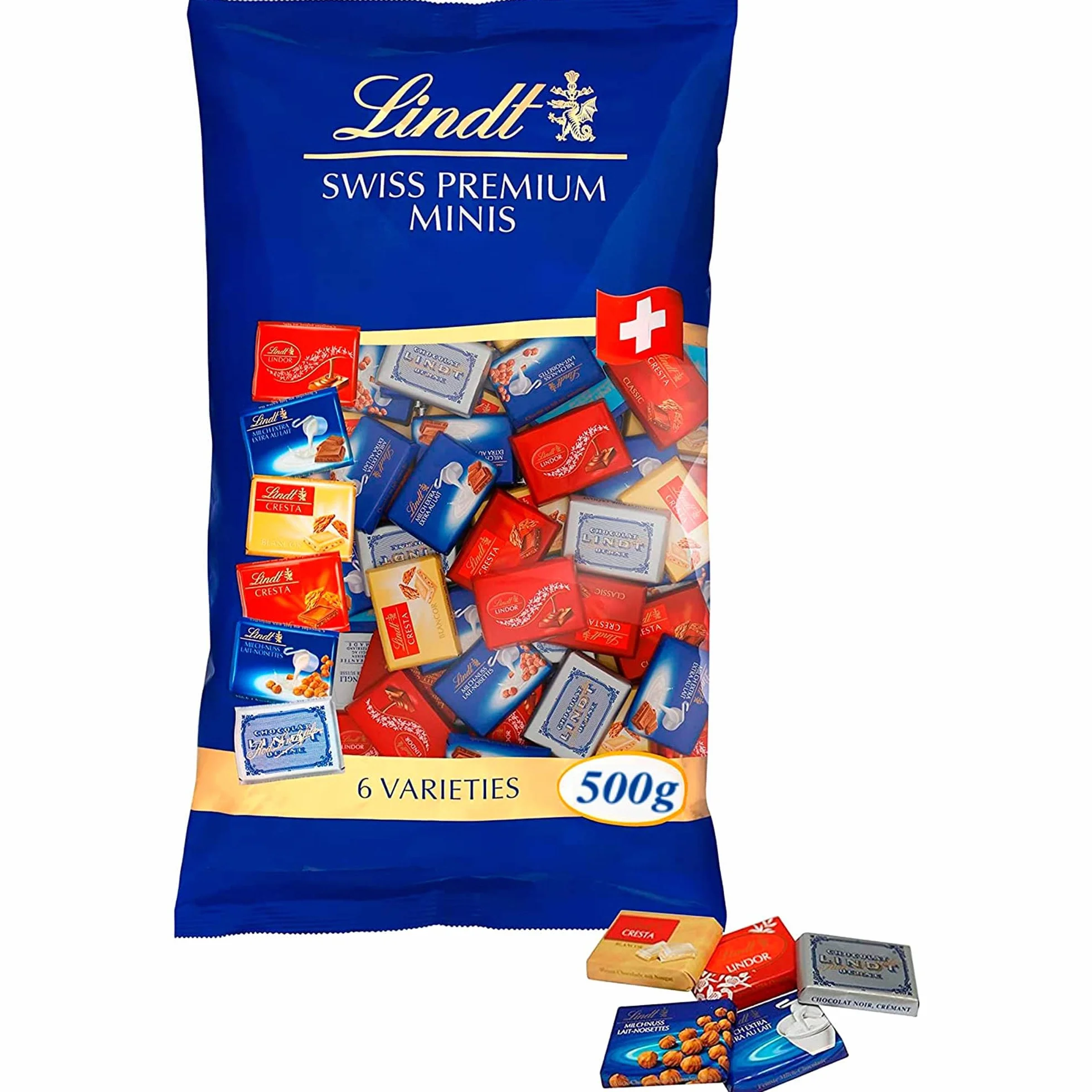 LINDT Napolitanas Suizas, contiene un surtido de minitabletas de chocolate envueltas individualmente, chocolate con leche, de chocolate blanco,chocolate negro,chocolate con avellanas, aprox76uds, 500g