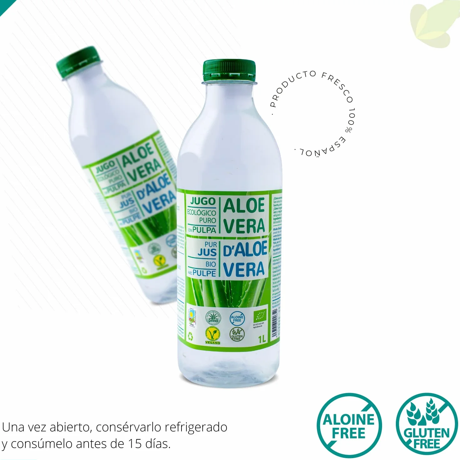 Green Frog - Bebida de Aloe Vera Puro con Pulpa (99,8%) - 1 Litro - Certificado Bio Europeo - 100% Ecológico - Libre de Aloínas y Azúcares - Rico en Vitaminas y Aminoácidos