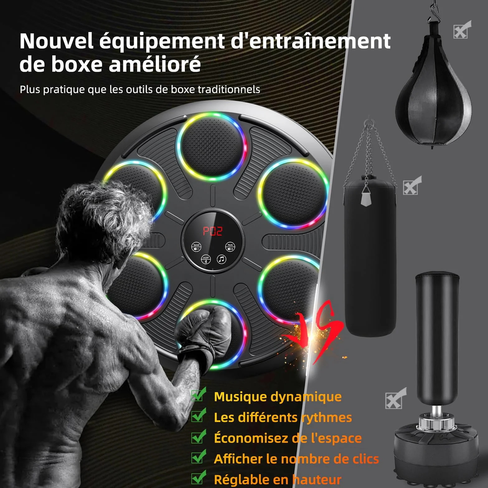 HotHands Máquina de Boxeo Musical LED Bluetooth, 12 Velocidades, Montaje en Pared, con Guantes, para Niños y Adultos