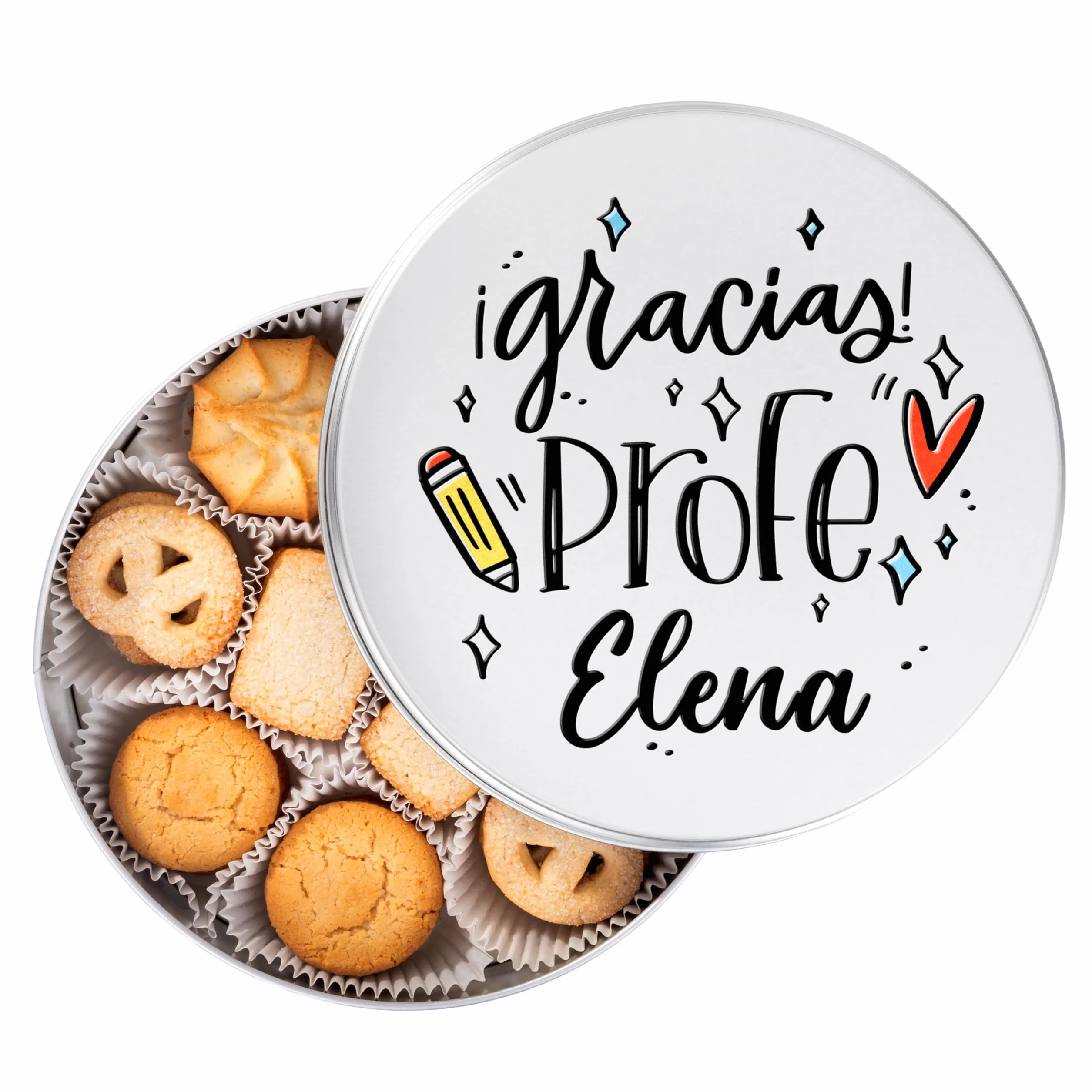 Made In Gift | Lata de Galletas Personalizada para Profesores – Regalo Fin de Curso con Nombre y Mensaje – Caja con Galletas de Mantequilla para Maestros y Seños (Gracias profe)