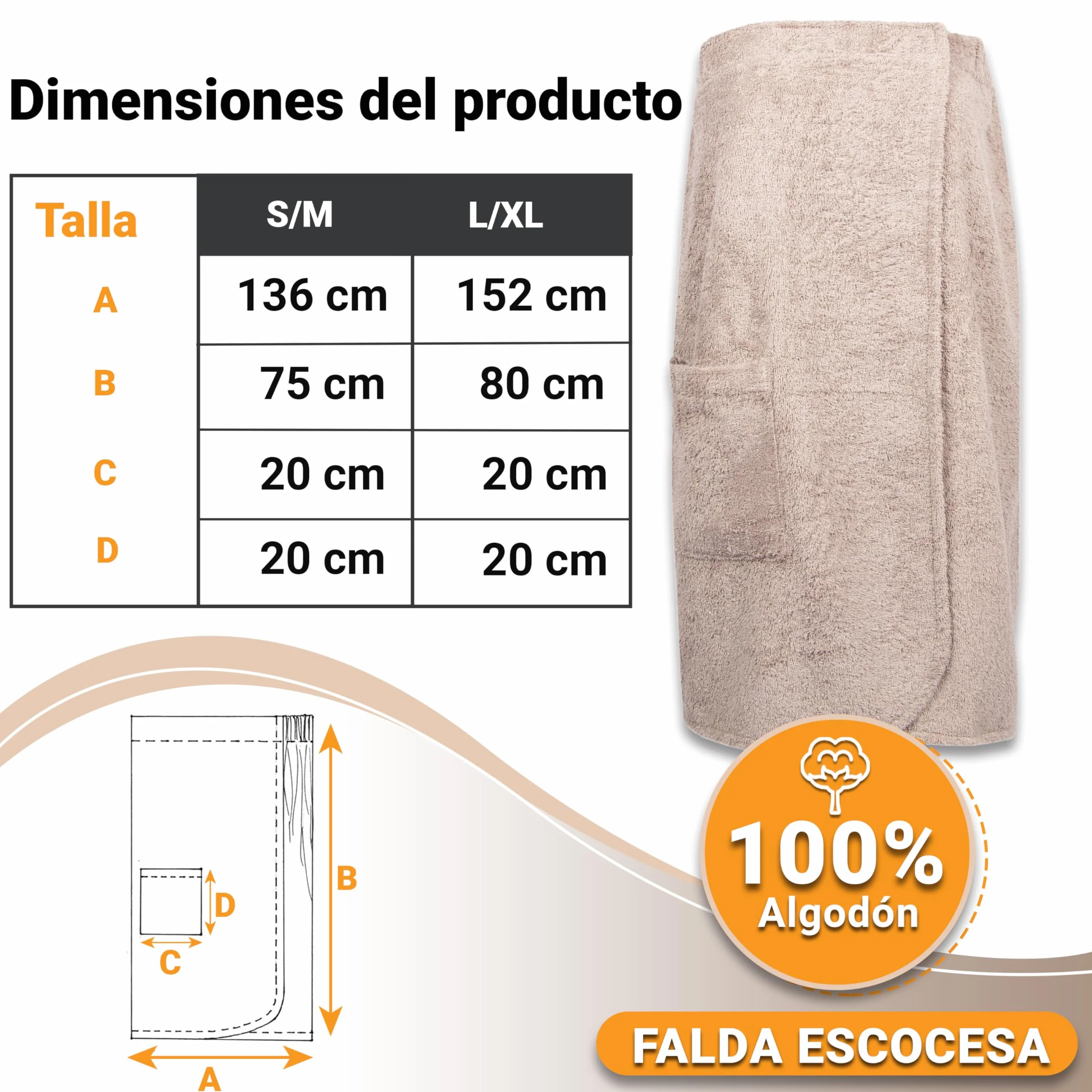ZOLLNER Falda escocesa para sauna hombre algodón cintura elástica fermeture à scratch Oeko Tex®