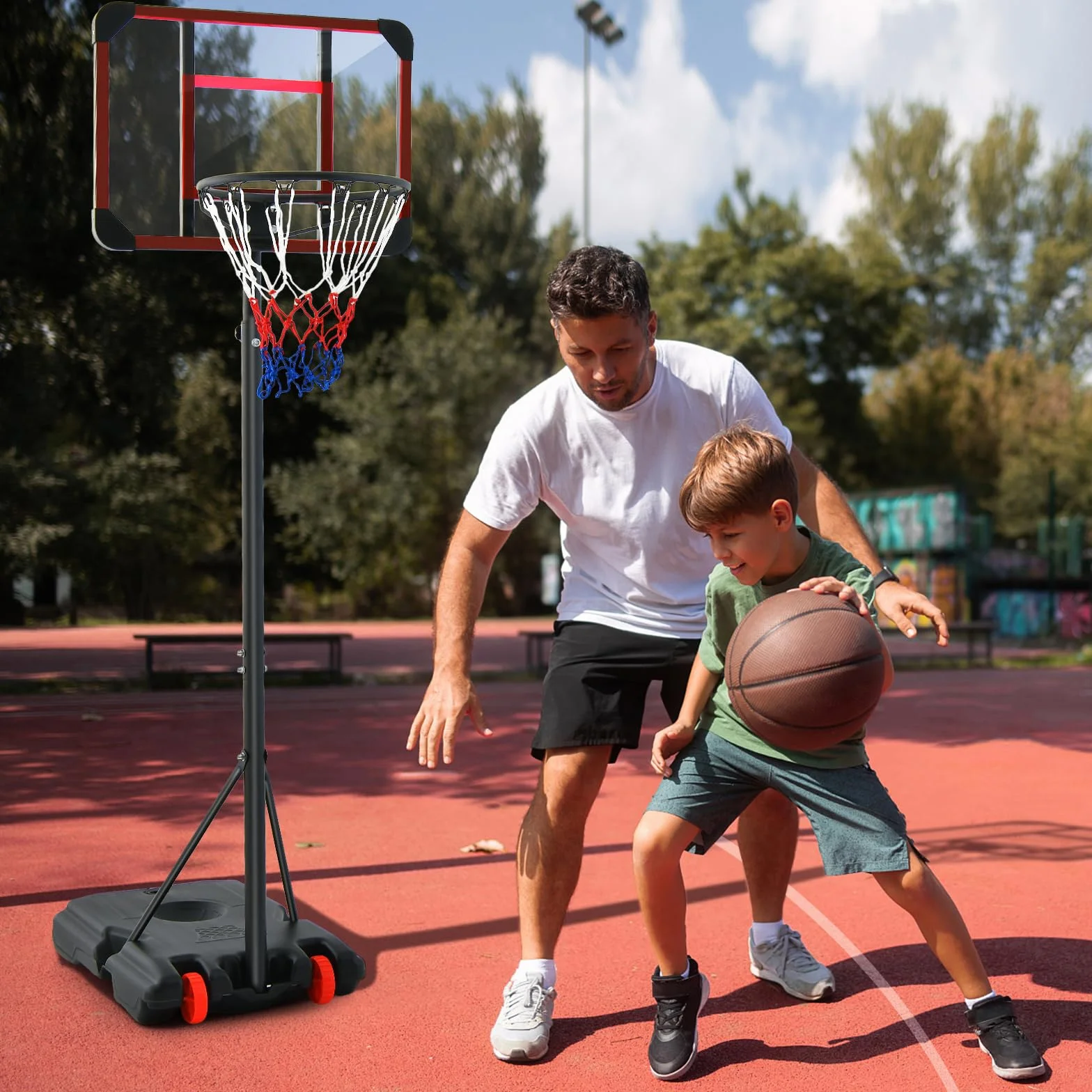 COSTWAY Canasta de Baloncesto Altura Ajustable 193-248 cm Rellenable de Arena y Agua Móvil con Ruedas Portátil PC Interior Exterior