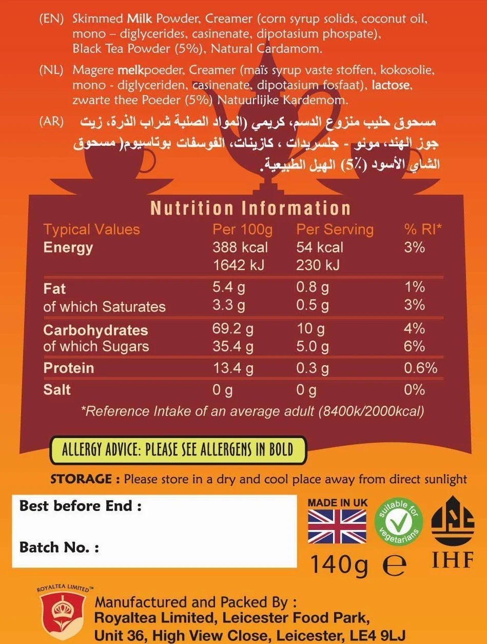 Royal Chai Premium Instant Karak Té indio 200 g (paquete de 8) – natural, endulzado