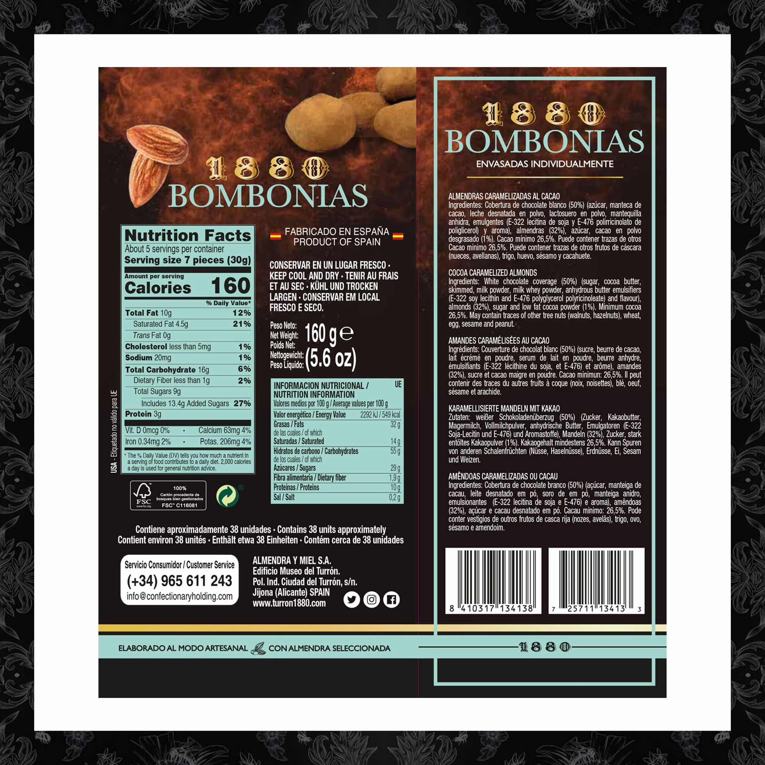 1880 - Bombonias de Almendra Caramelizada recubierta de Chocolate Blanco y espolvoreadas de Cacao | Envoltorio Individual | Calidad Suprema Snack de Turrón 160G