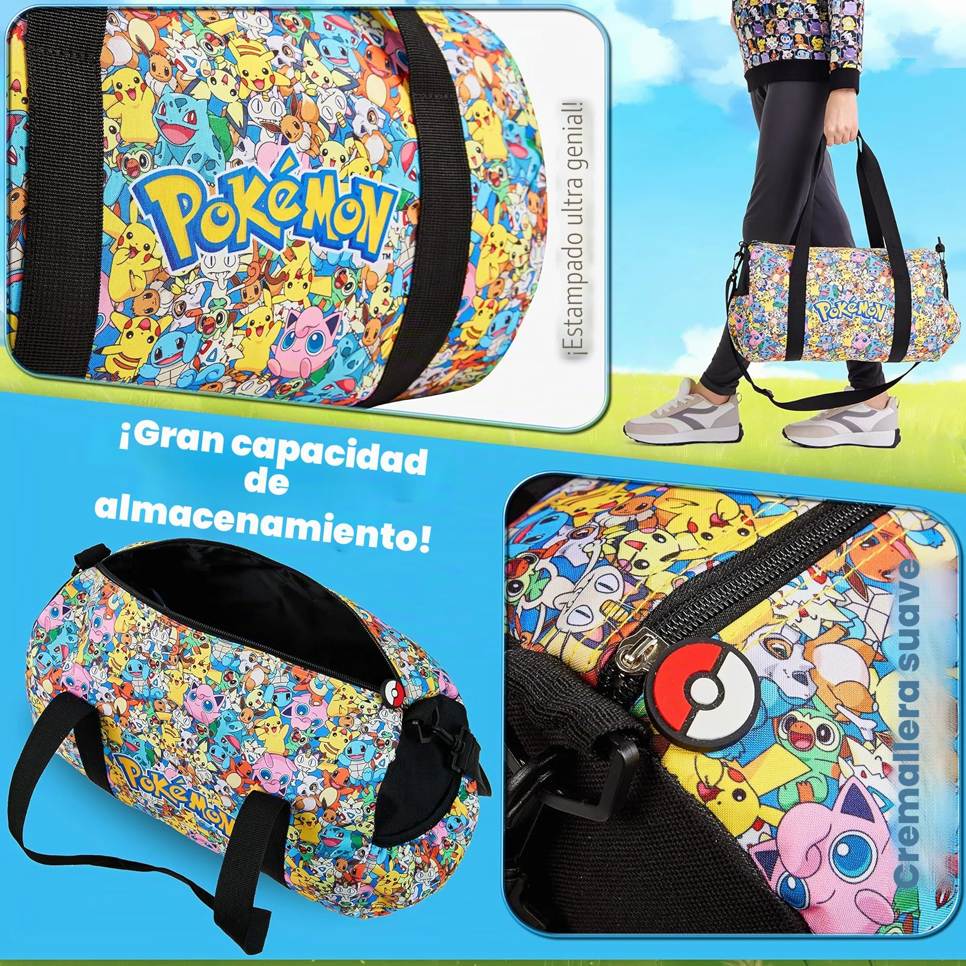 Pokémon Bolsa Deporte Niño Niña Piscina Viaje Playa Futbol Gym Oficial Pikachu Multicolor